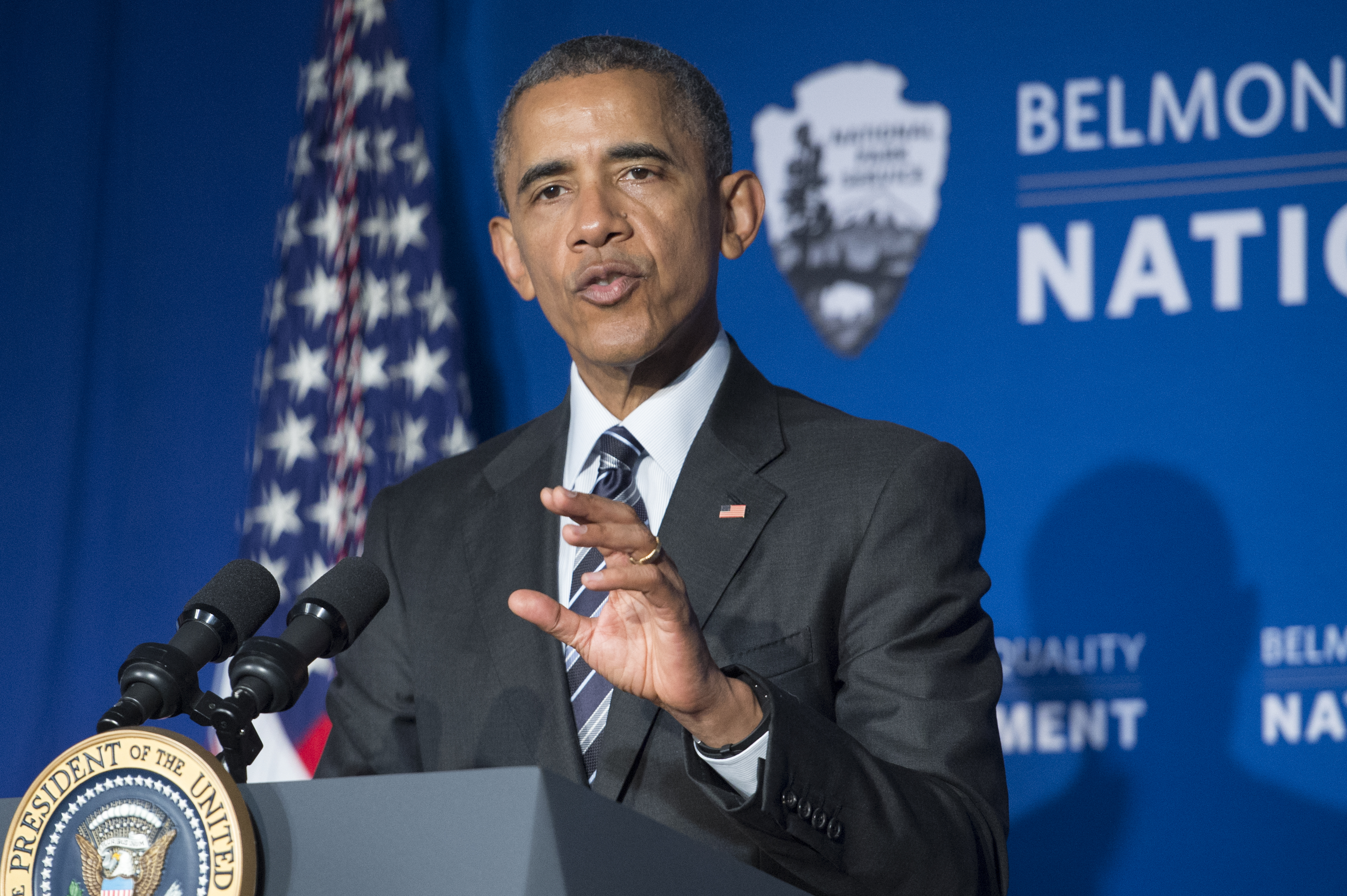 U.S. President Barack Obama delivers remarks at the newly-designated Belmont-Paul Women's Equality National Monument on April 12, 2016 in Washington, DC.