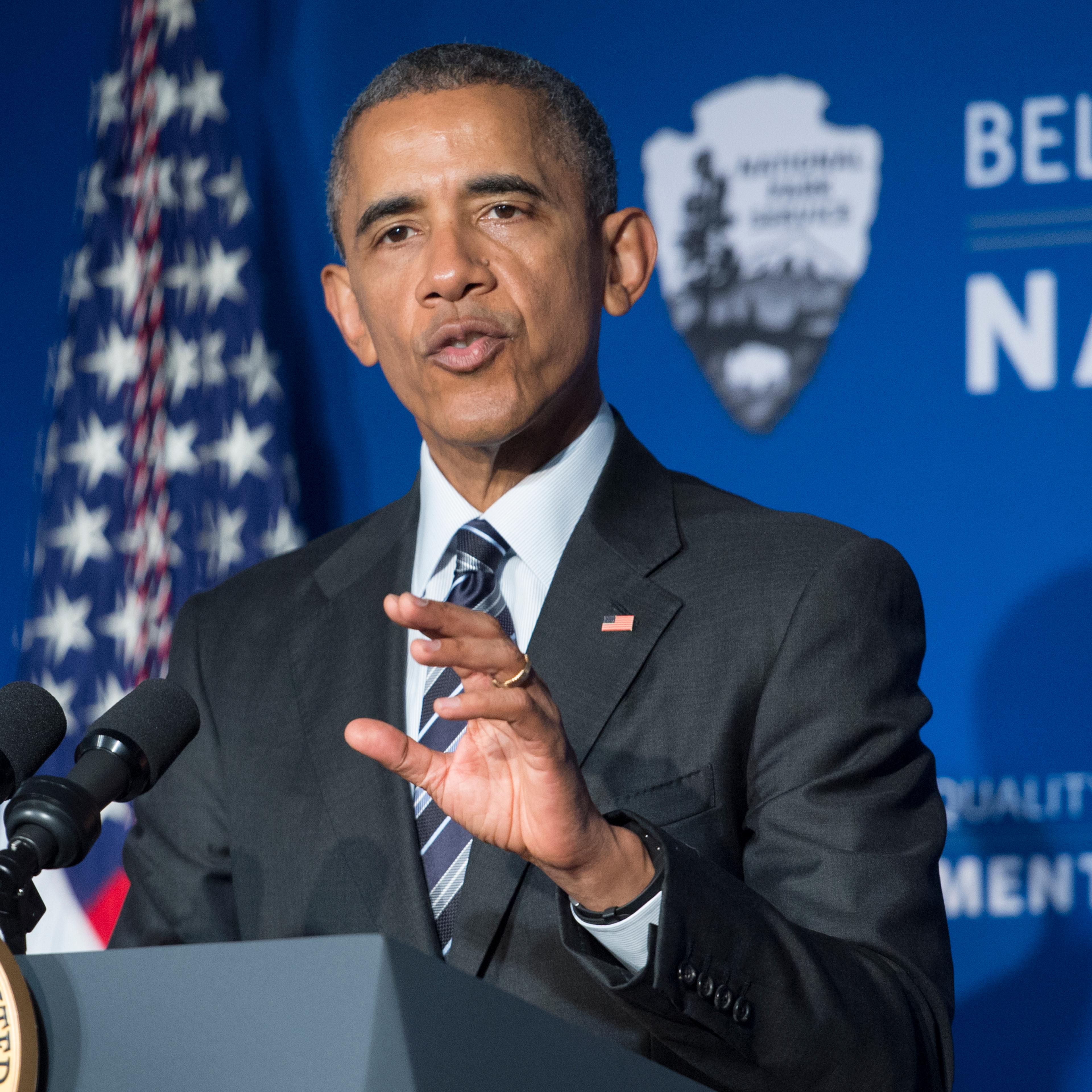 U.S. President Barack Obama delivers remarks at the newly-designated Belmont-Paul Women's Equality National Monument on April 12, 2016 in Washington, DC.