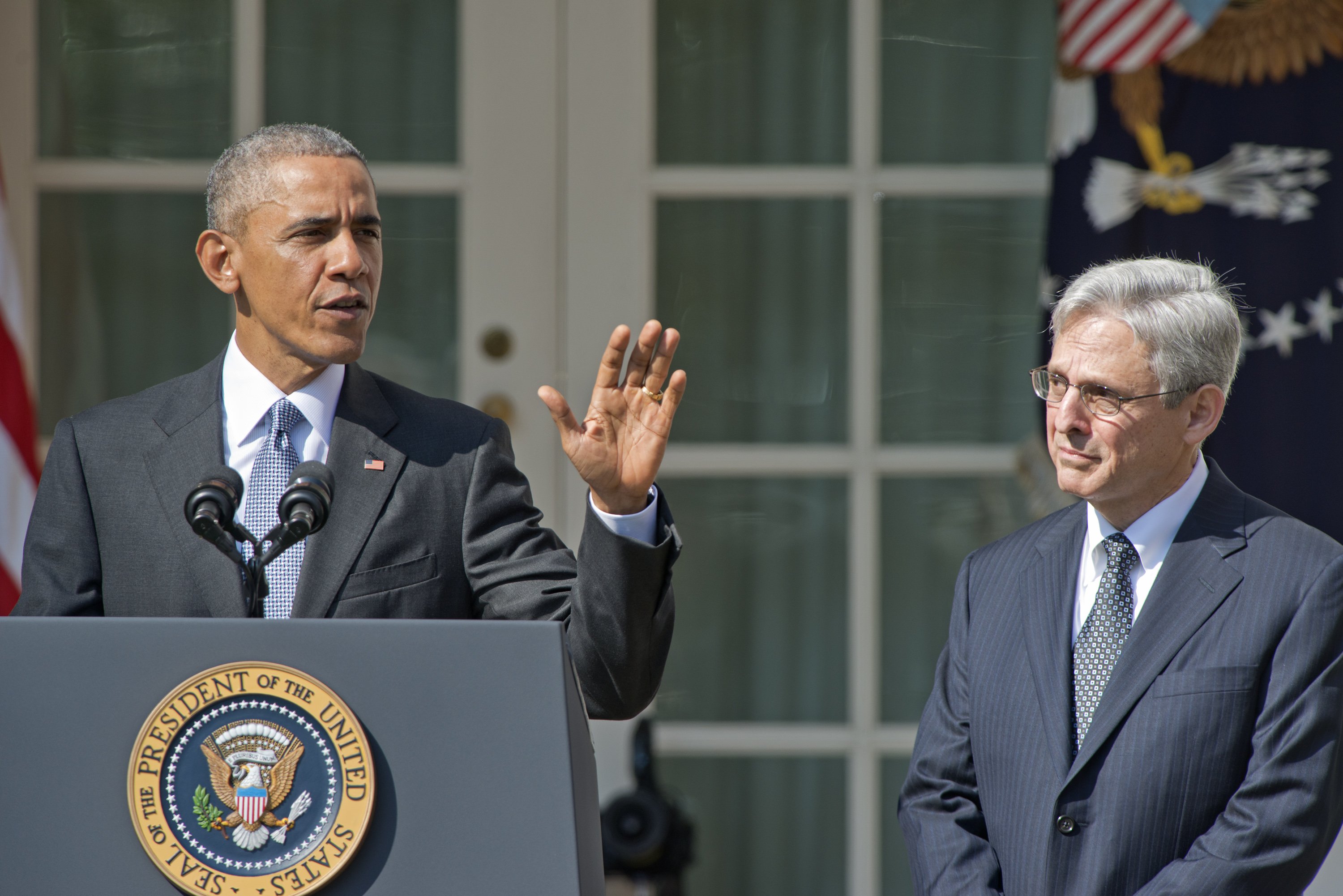 President Obama introduces Judge Merrick Garland, chief justice for the US Court of Appeals for the District of Columbia Circuit, right, as his nominee to replace the late Associate Justice Antonin Scalia on the U.S. Supreme Court in the Rose Garden of t