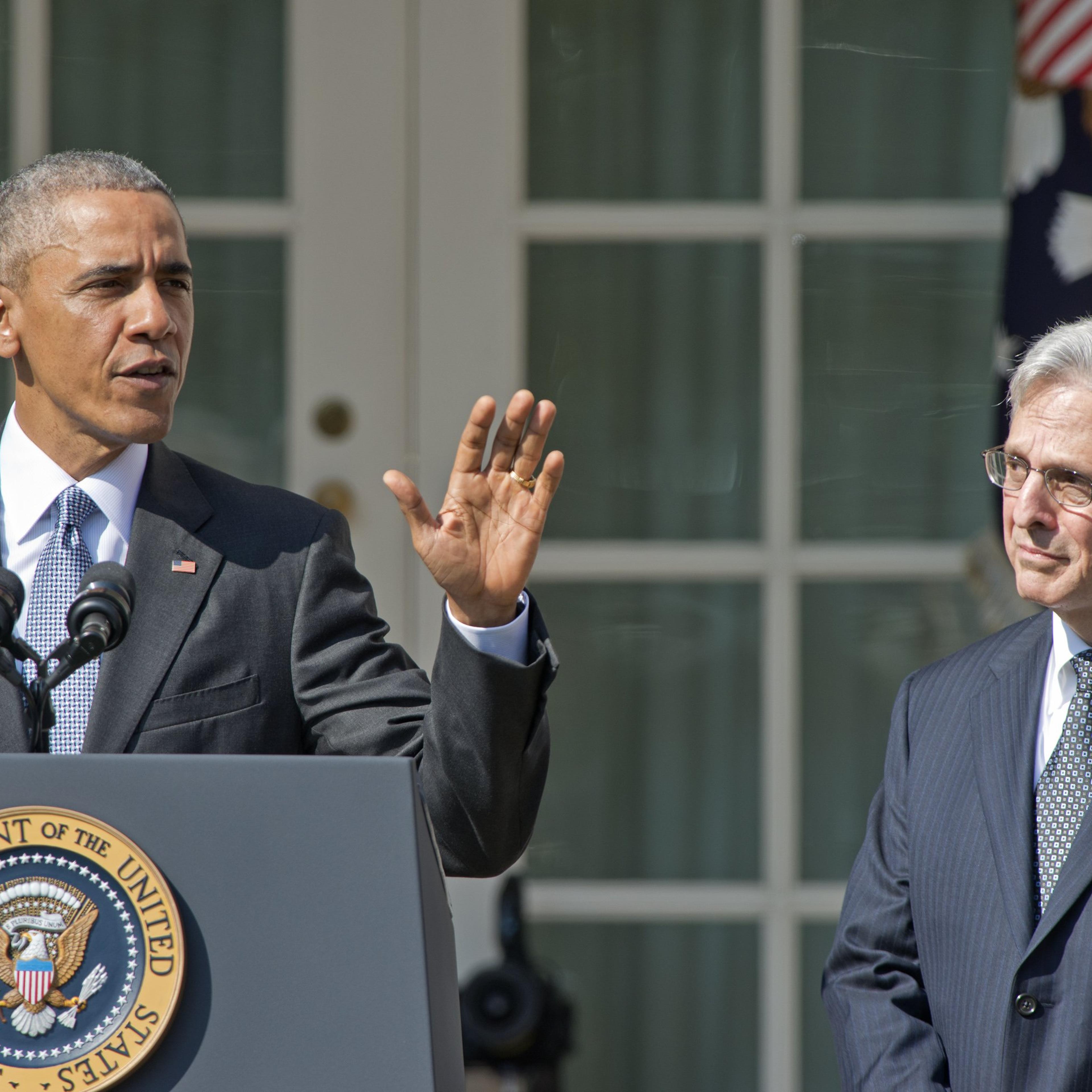 President Obama introduces Judge Merrick Garland, chief justice for the US Court of Appeals for the District of Columbia Circuit, right, as his nominee to replace the late Associate Justice Antonin Scalia on the U.S. Supreme Court in the Rose Garden of t