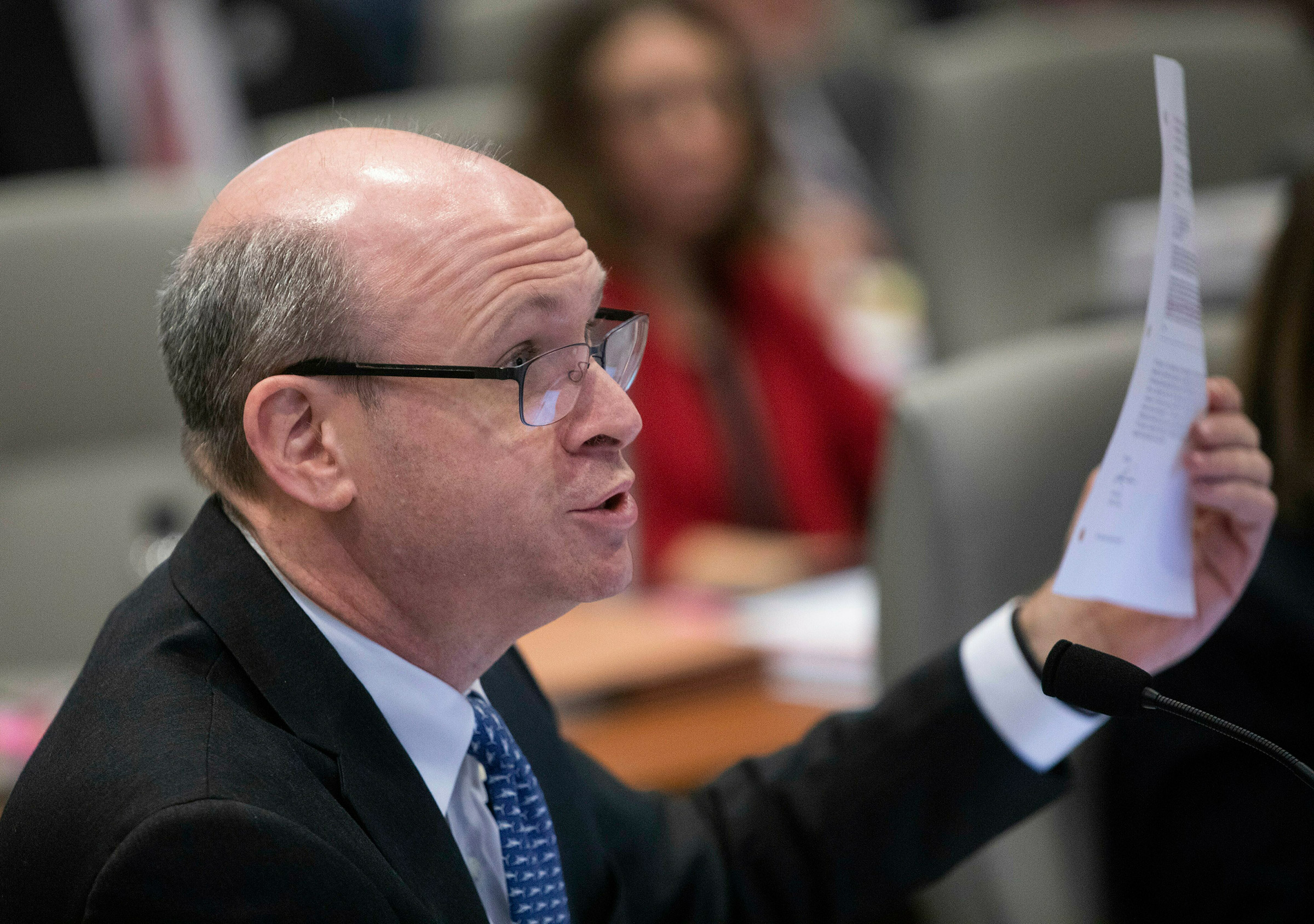 Marc Elias at the fourth day of a public evidentiary hearing on the 9th Congressional District voting irregularities investigation at the North Carolina State Bar in Raleigh, N.C., on Feb. 21, 2019.