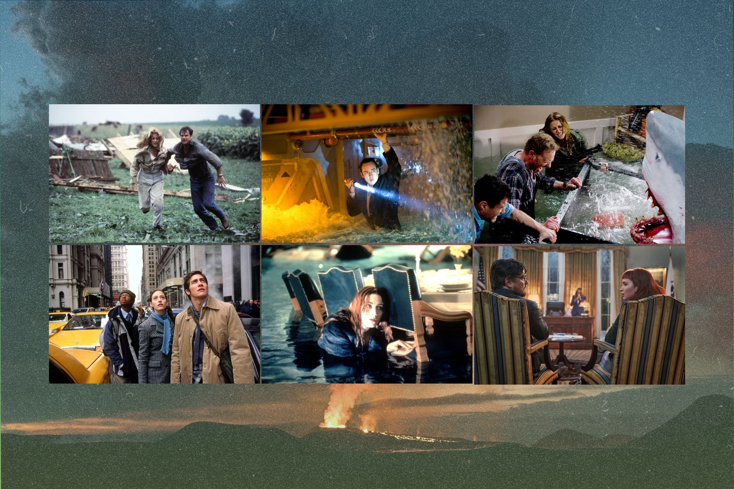 Clockwise from Top Left: Twister, 2012, Sharknado, The Day After Tomorrow, Titanic, Don't Look Up