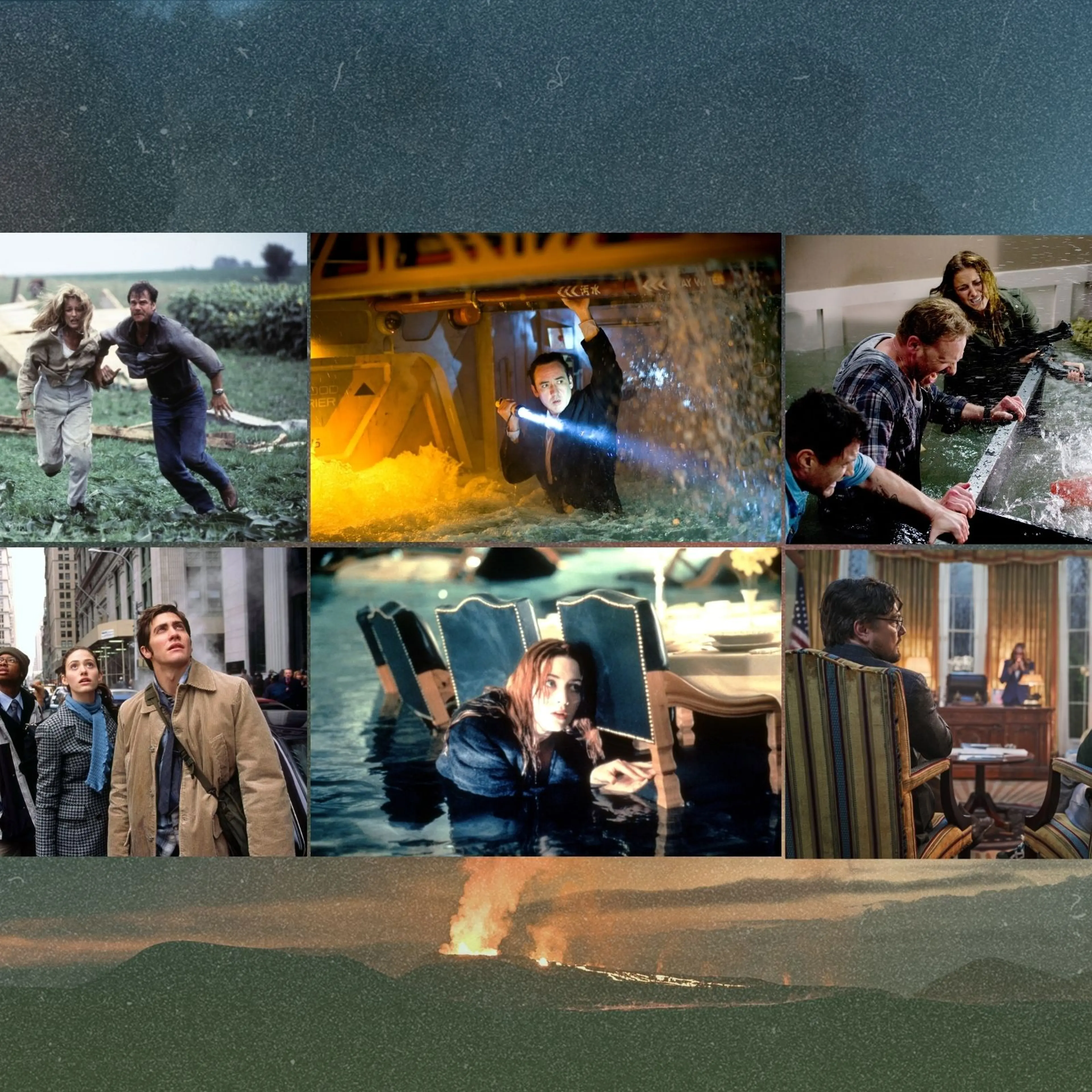 Clockwise from Top Left: Twister, 2012, Sharknado, The Day After Tomorrow, Titanic, Don't Look Up