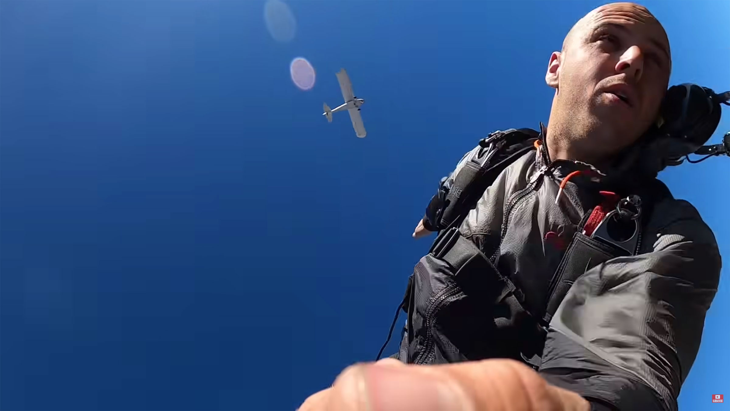 Trevor Jacob takes a video himself as he parachutes out of his plane before it crashes between Lompoc City Airport and Mammoth Lakes on Nov. 24, 2021.