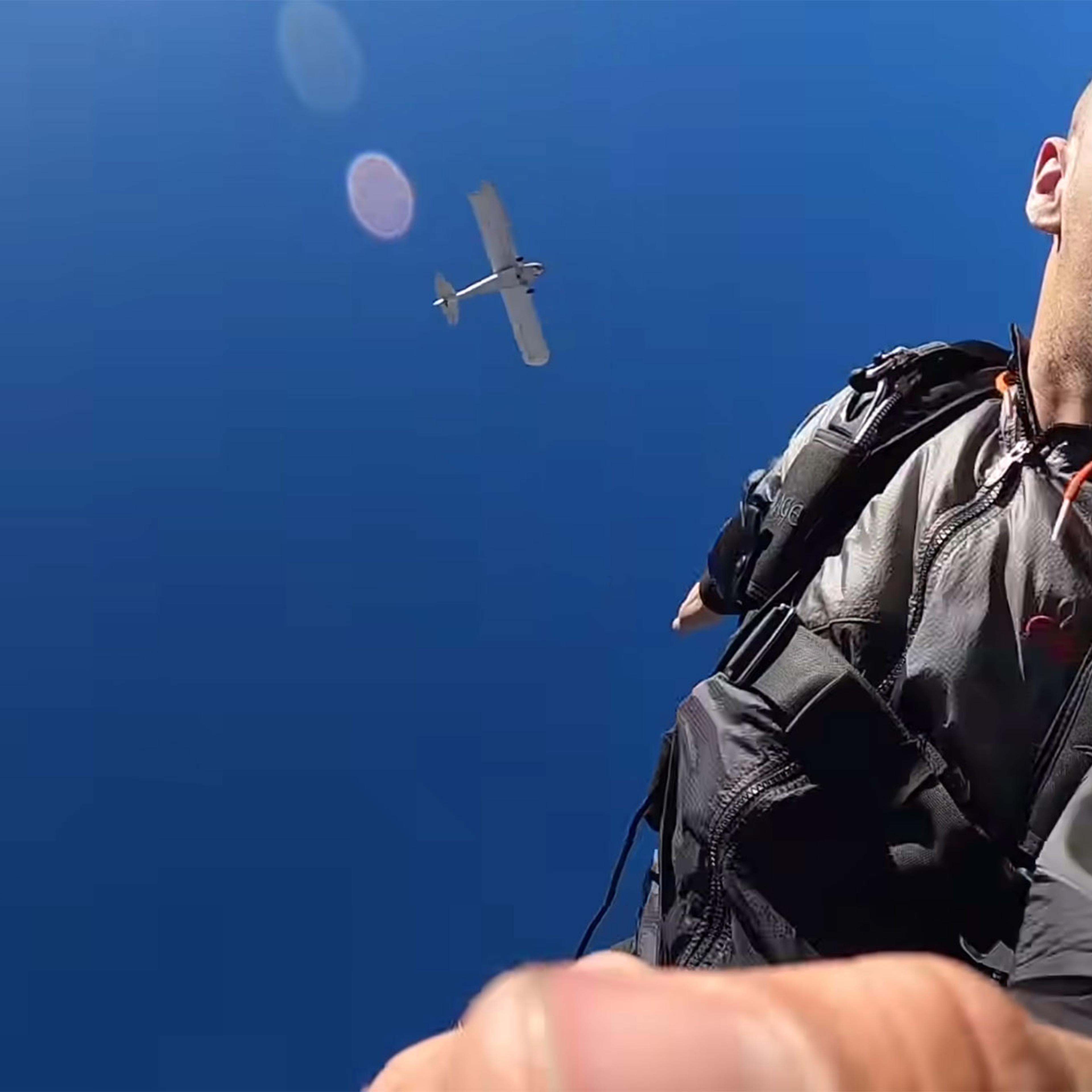 Trevor Jacob takes a video himself as he parachutes out of his plane before it crashes between Lompoc City Airport and Mammoth Lakes on Nov. 24, 2021.
