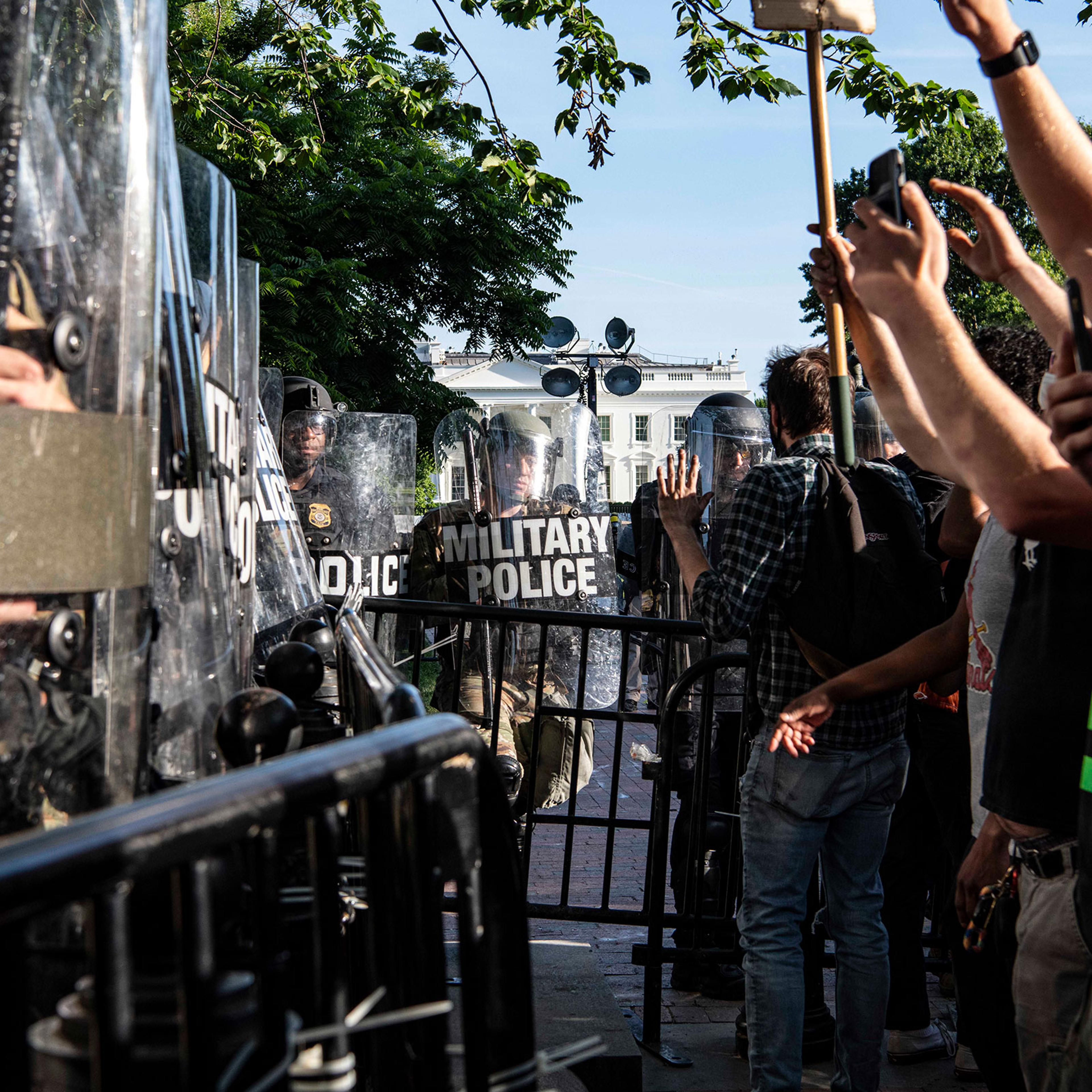 Law enforcement including Park Police, Metro Police Department and D.C. National Guard gather in Lafayette Square to face demonstrators protesting the death of George Floyd in Washington, D.C. on June 1, 2020.