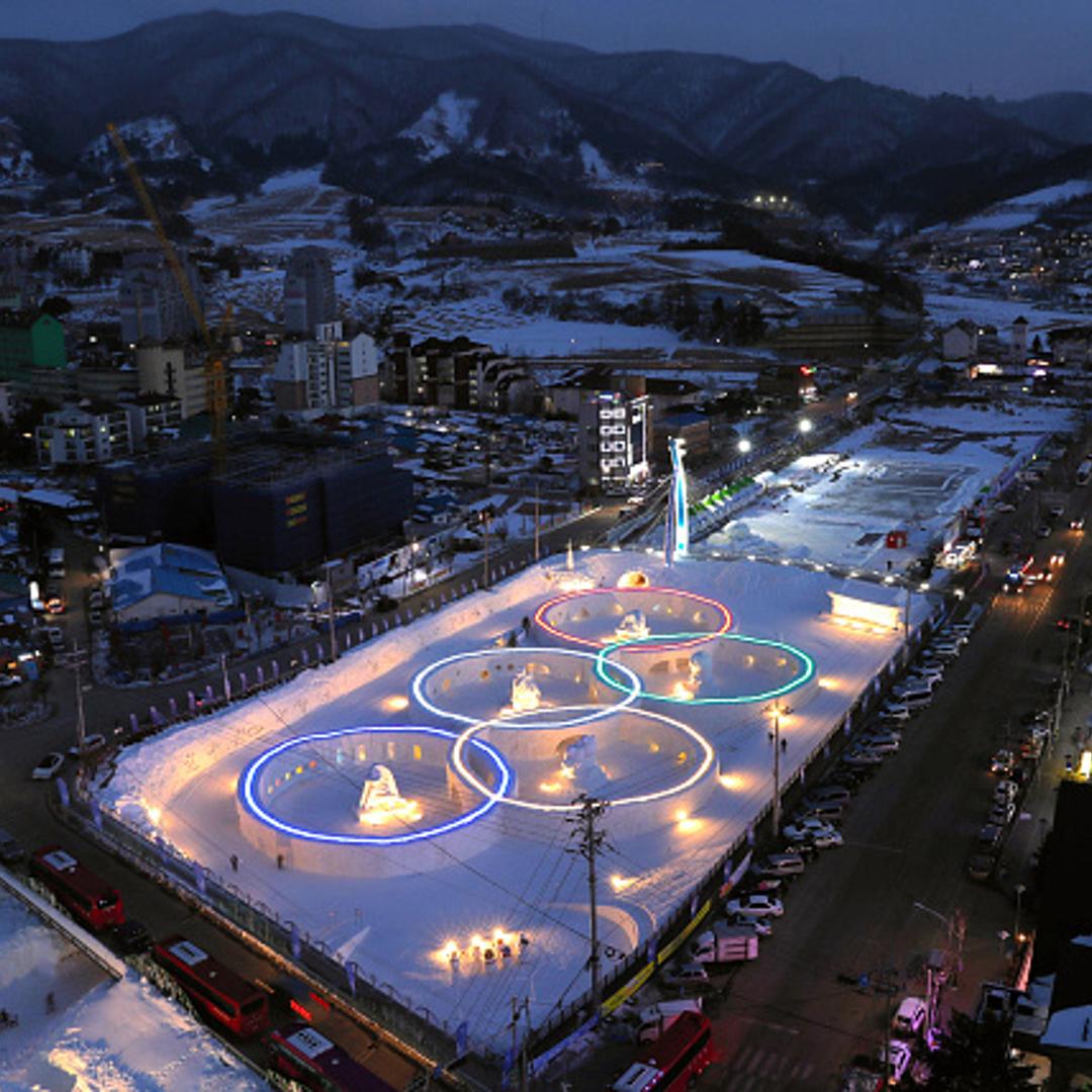 The Olympic Rings are illuminated in PyeongChang.