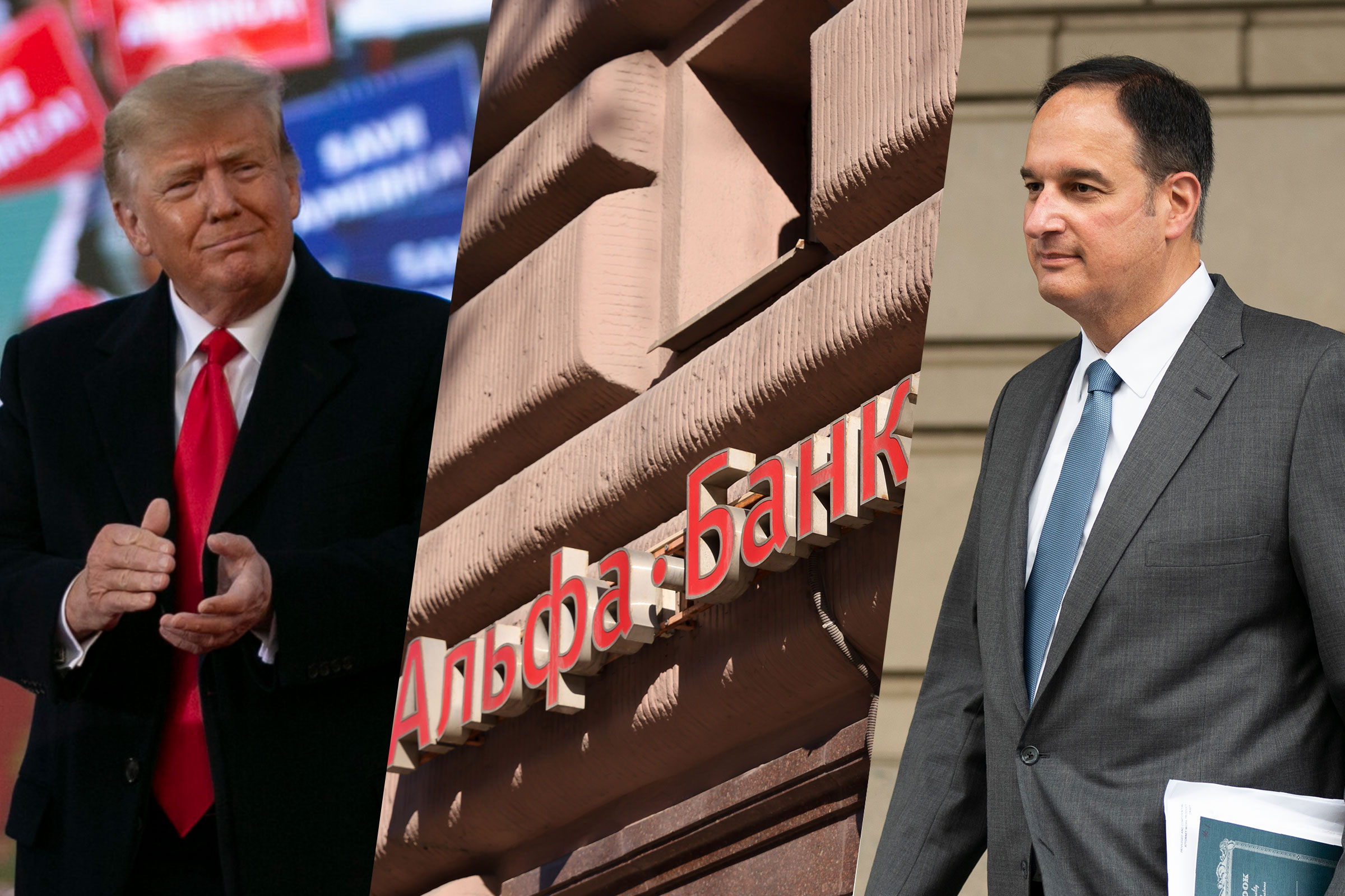 Former President Donald Trump on April 9; A sign outside a branch of Alfa Bank in Moscow on Feb. 28; Michael Sussmann on May 16