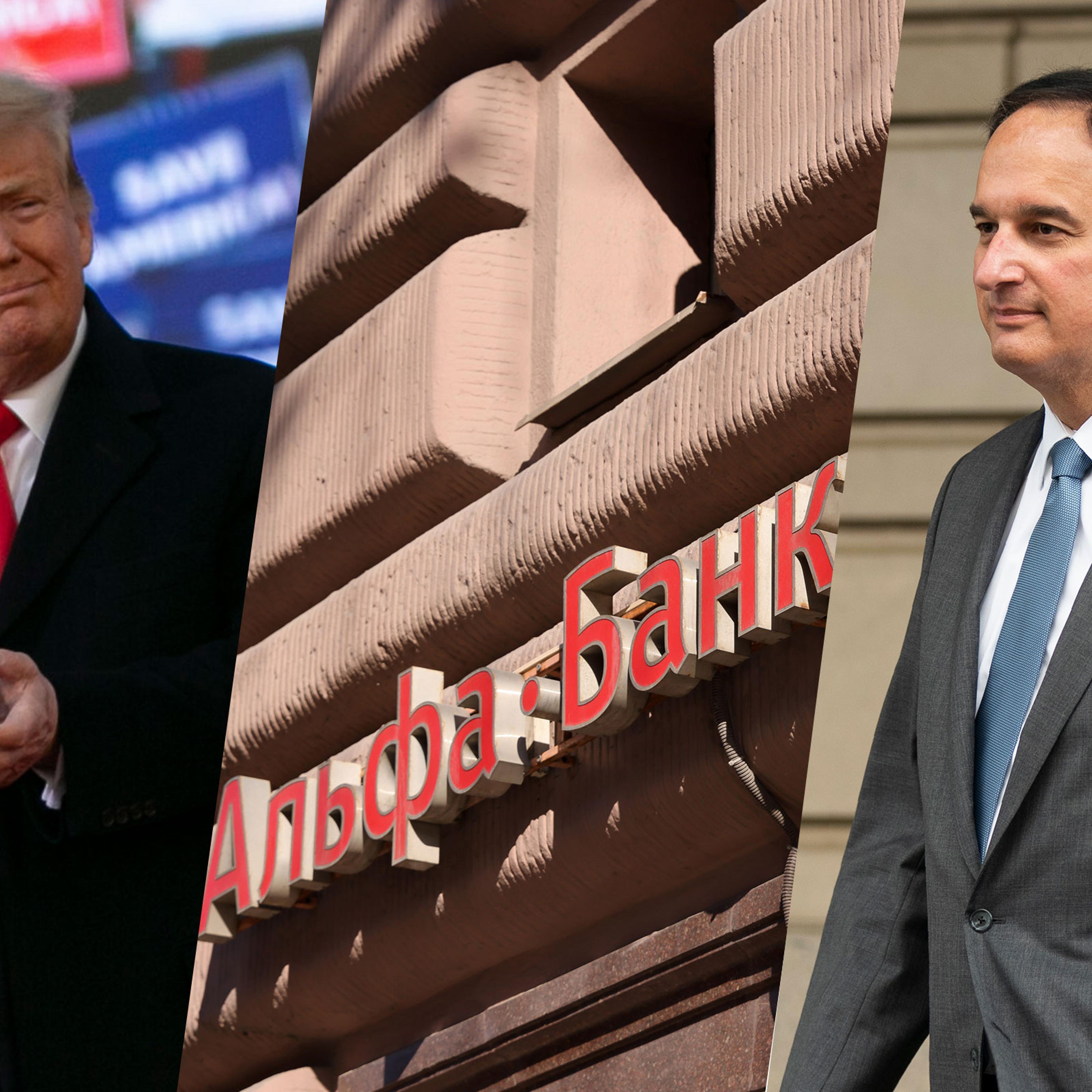 Former President Donald Trump on April 9; A sign outside a branch of Alfa Bank in Moscow on Feb. 28; Michael Sussmann on May 16