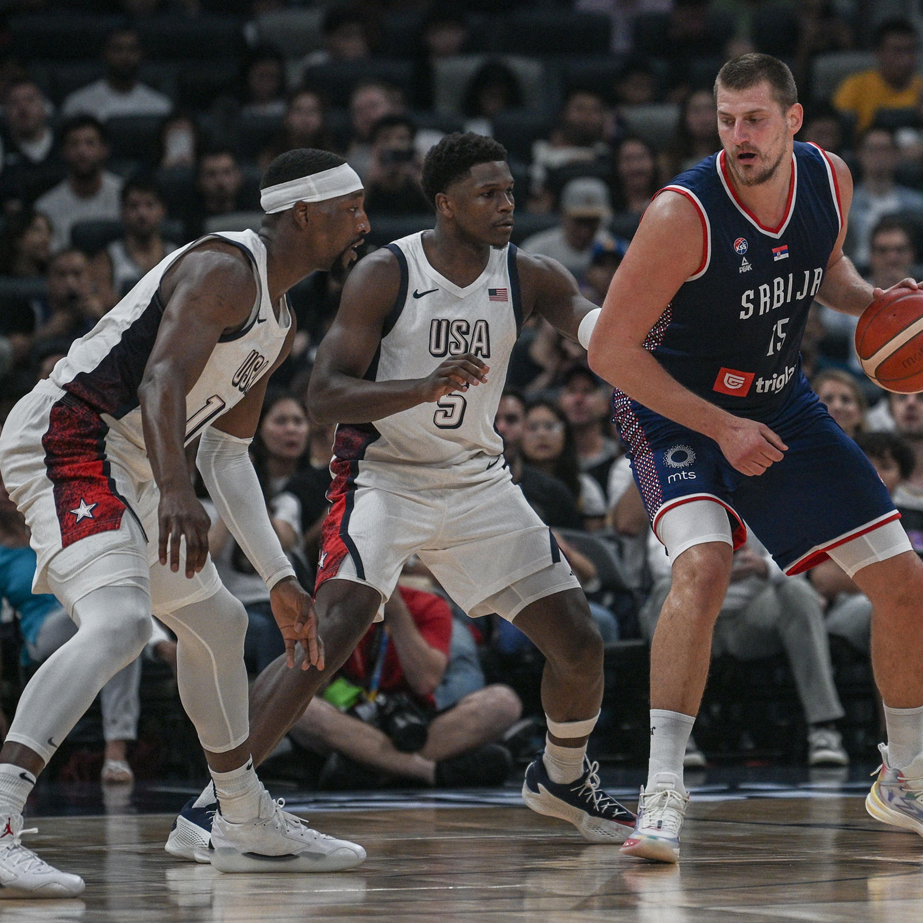 Nikola Jokic of Serbia in action during the exhibition game between the United States and Serbia ahead of the Paris Olympic Games at Etihad Arena on July 17, 2024 in Abu Dhabi.