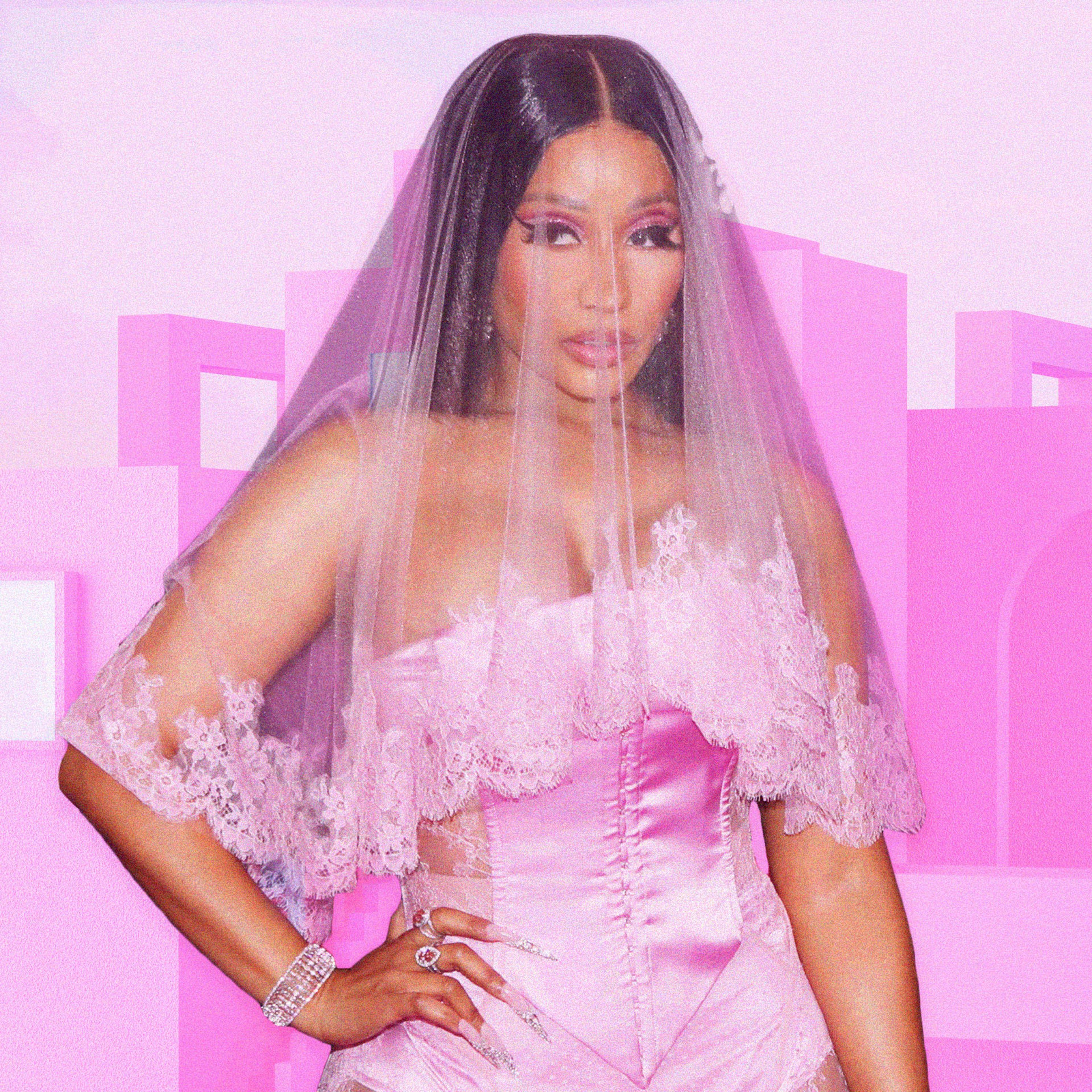 A photo-illustration of Nicki Minaj in a pink outfit in front of a pink city