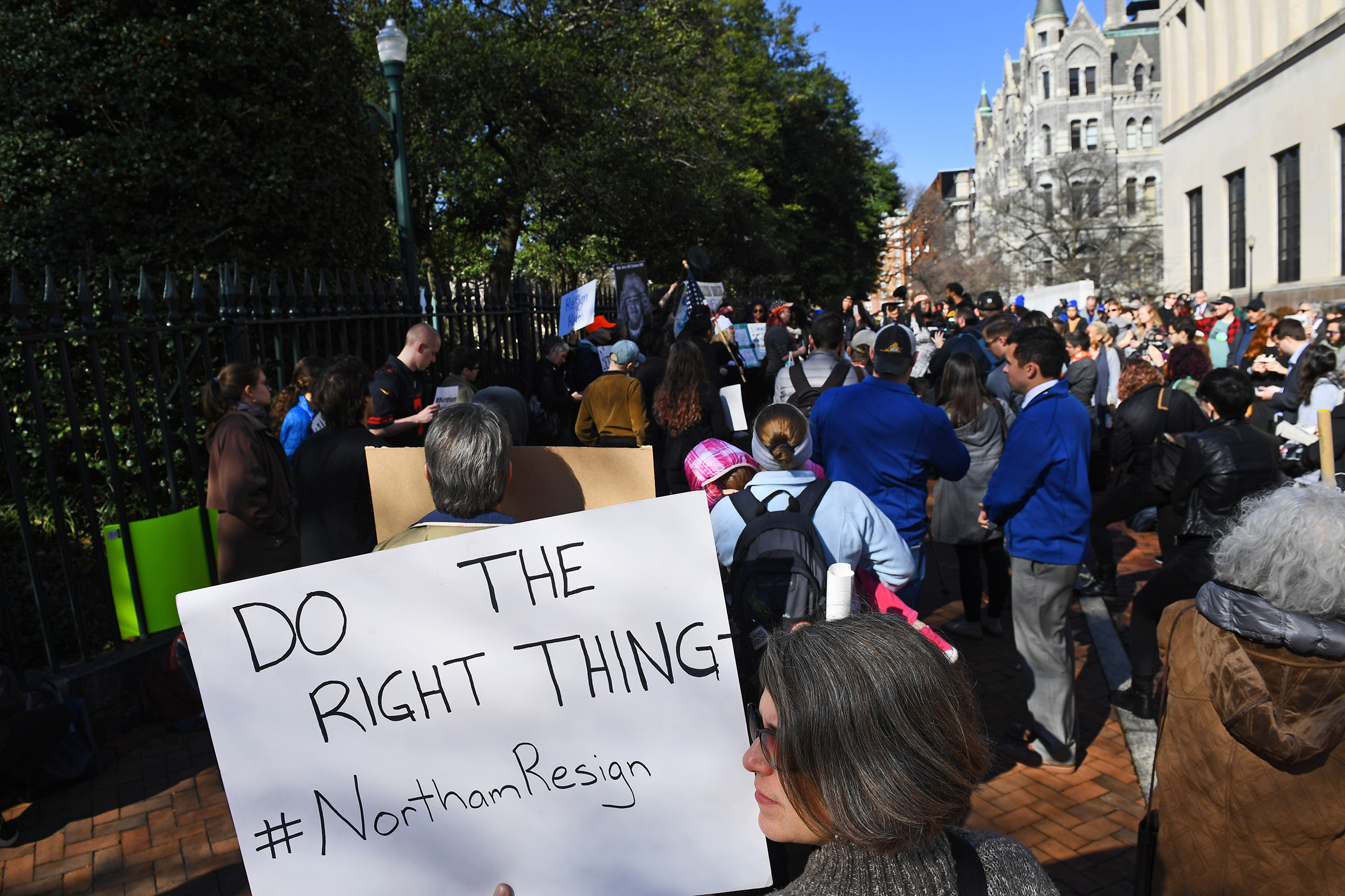 Groups gather near the State Capitol to call on Gov. Ralph Northam (D) to step down after a racist photo of him in his medical school yearbook came out last week February 04, 2019 in Richmond, VA.