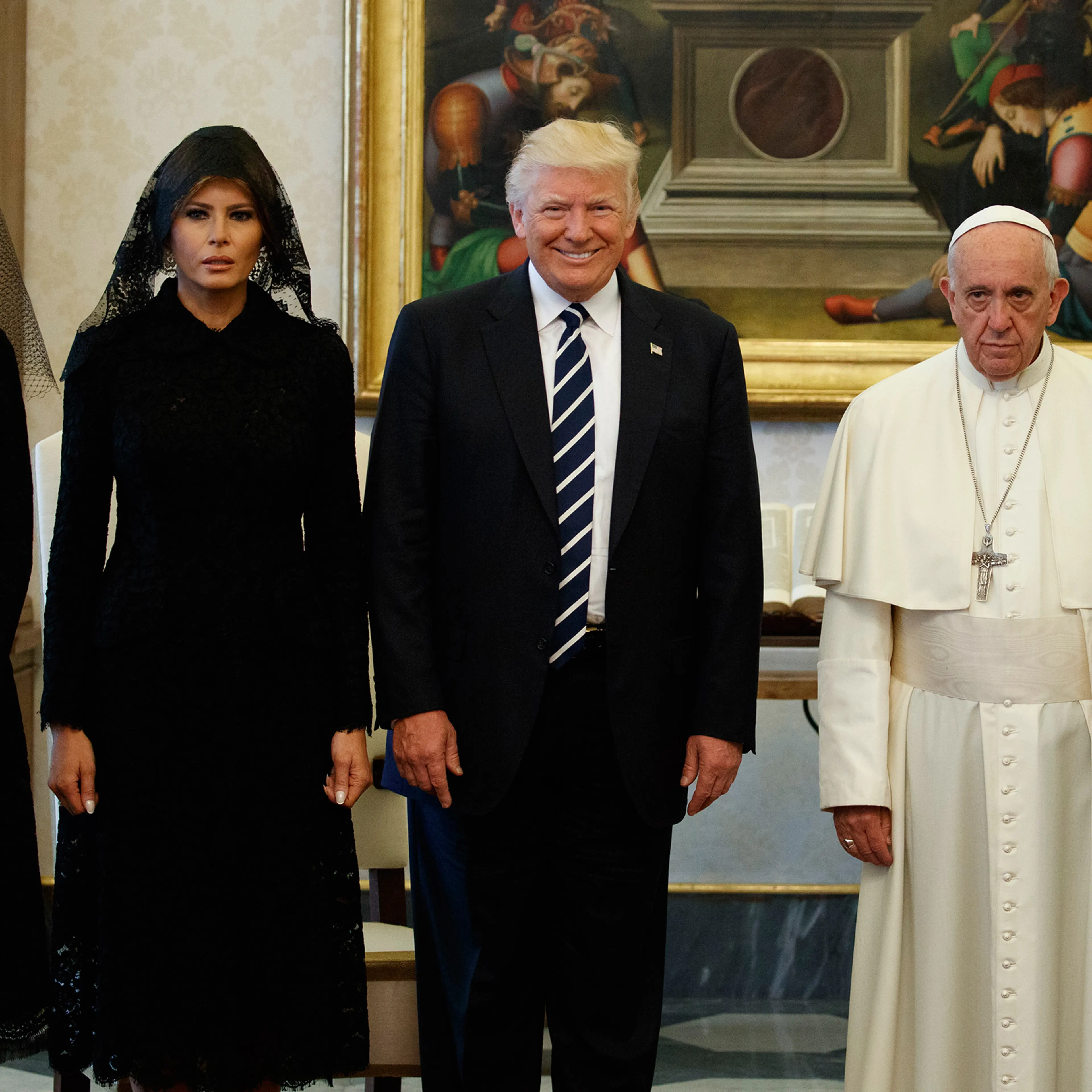 Ivanka Trump, First Lady Melania Trump, and President Donald Trump stand with Pope Francis during a meeting at the Vatican on May 24, 2017.