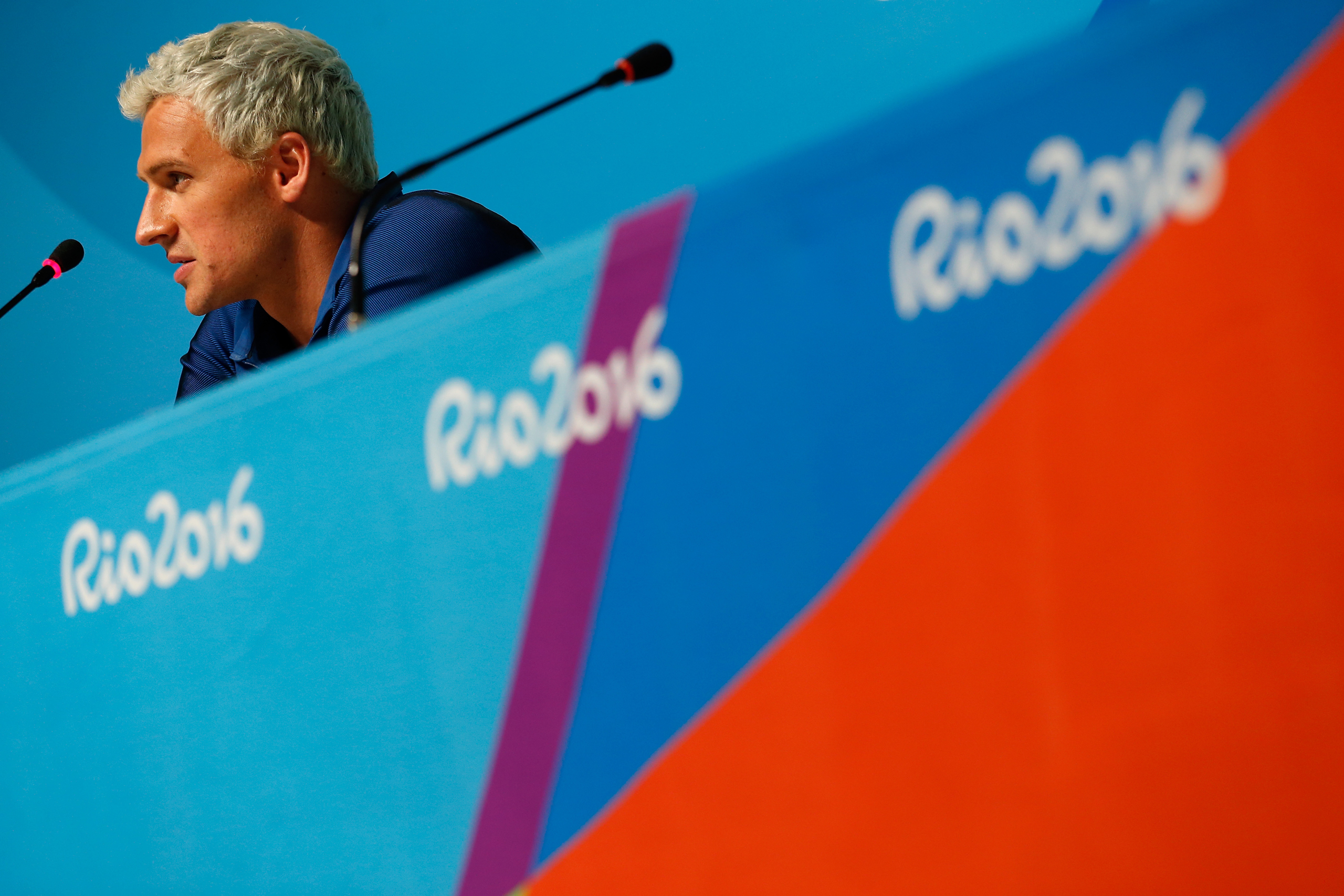 RIO DE JANEIRO, BRAZIL - AUGUST 12: Ryan Lochte of the United States attends a press conference in the Main Press Center on Day 7 of the Rio Olympics on August 12, 2016 in Rio de Janeiro, Brazil. (Photo by Matt Hazlett/Getty Images)