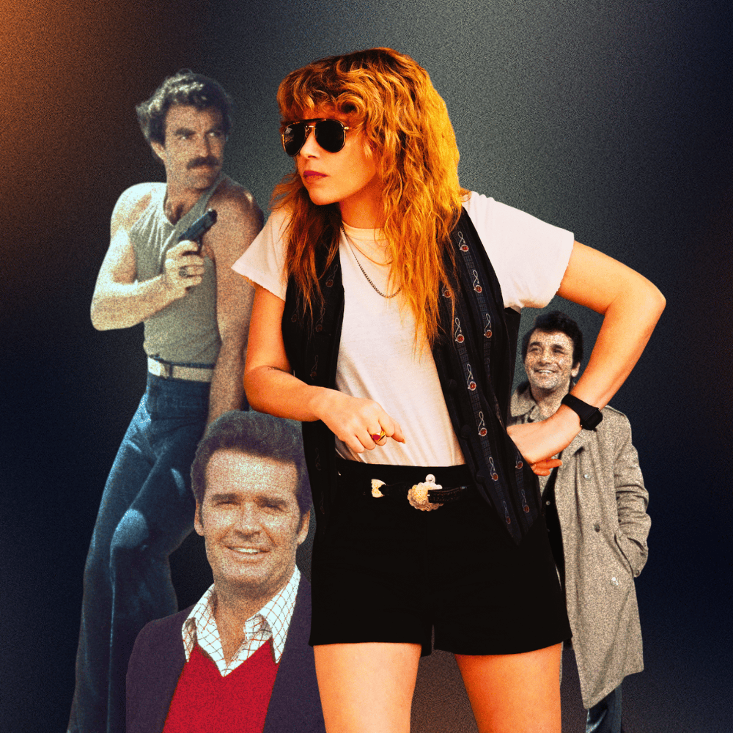 A collage featuring Charlie Cale as Peter Falk in Columbo, James Garner as Jim Rockford in The Rockford Files, Tom Selleck as Thomas Magnum for Magnum P.I. and Natasha Lyonne as Charlie Cale in Poker Face.