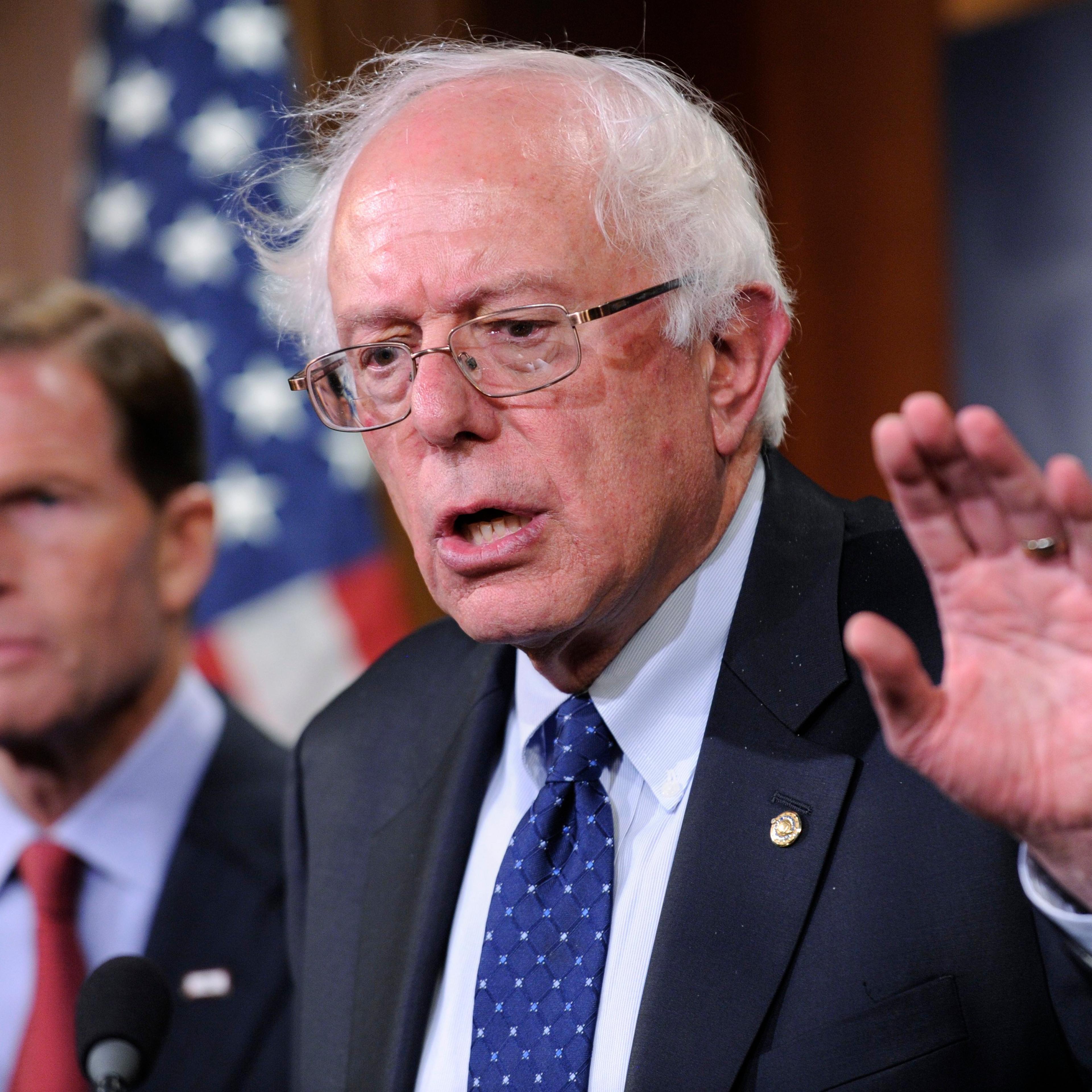 From right: Senator Bernie Sanders and Senator Richard Blumenthal during a news conference on Capitol Hill in Washington, D.C., on July 24, 2014.