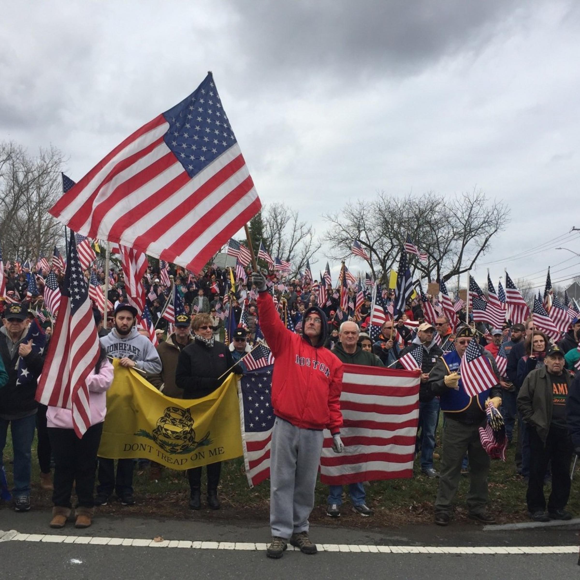 A demonstration at Hampshire College called for the school to reverse a decision to stop flying the American flag, on Nov 27, 2016.