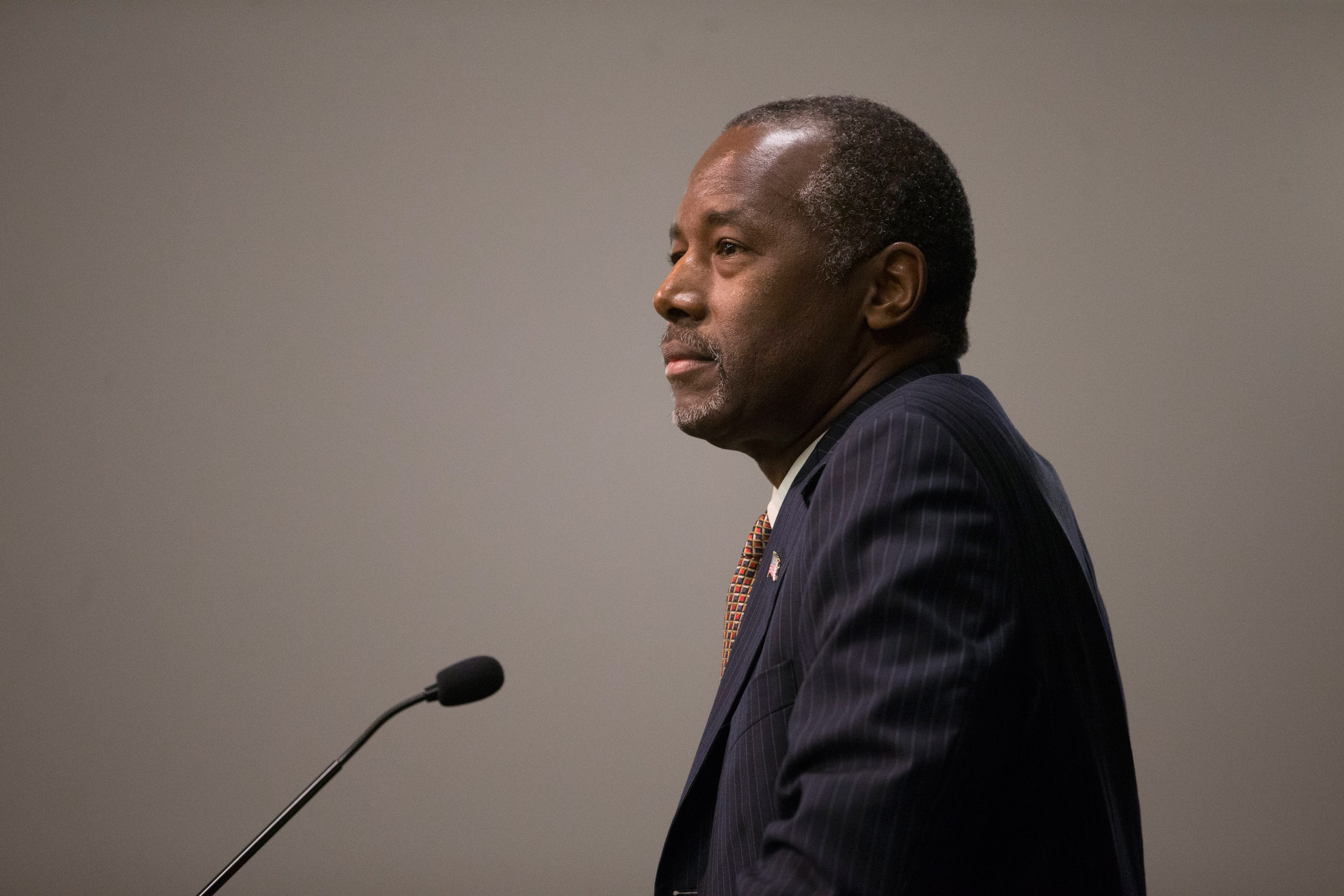 Republican presidential candidate Ben Carson takes questions from the media at a news conference before a campaign rally at the Sharonville Convention Center, Tuesday, Sept. 22, 2015, in Cincinnati. (AP Photo/John Minchillo)