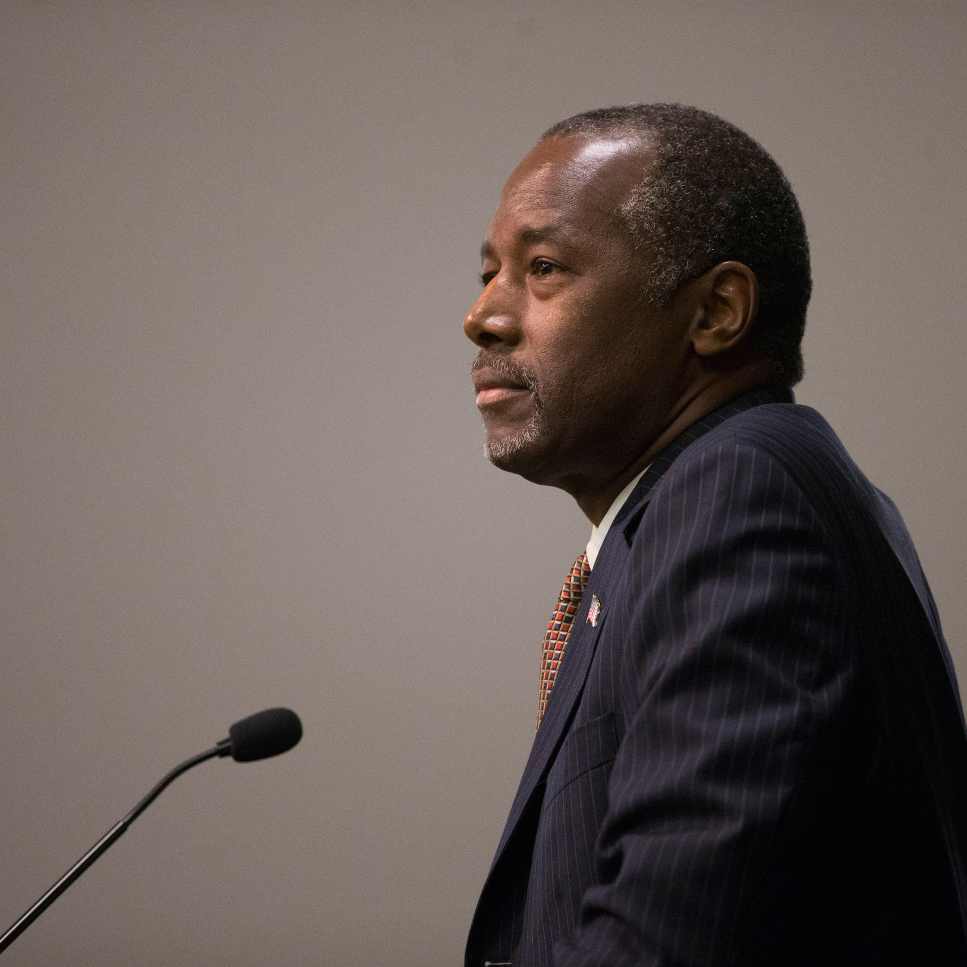 Republican presidential candidate Ben Carson takes questions from the media at a news conference before a campaign rally at the Sharonville Convention Center, Tuesday, Sept. 22, 2015, in Cincinnati. (AP Photo/John Minchillo)
