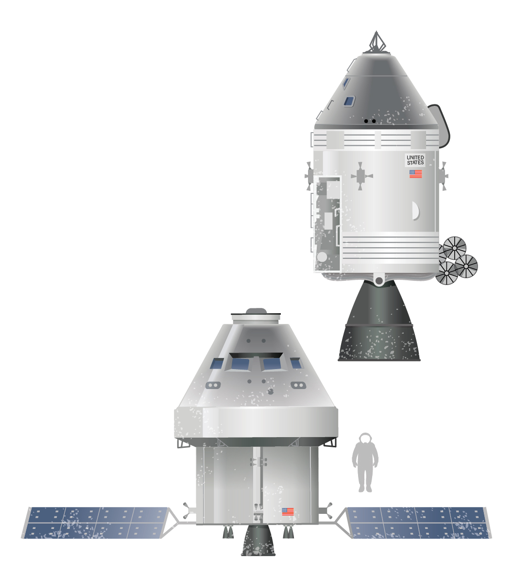 Top: The command module of the Apollo 11 mission that brought the first humans to the moon in 1969. Bottom: A model of NASA's current Orion orbiter, designed to return human astronauts to the moon in the early 2020's.