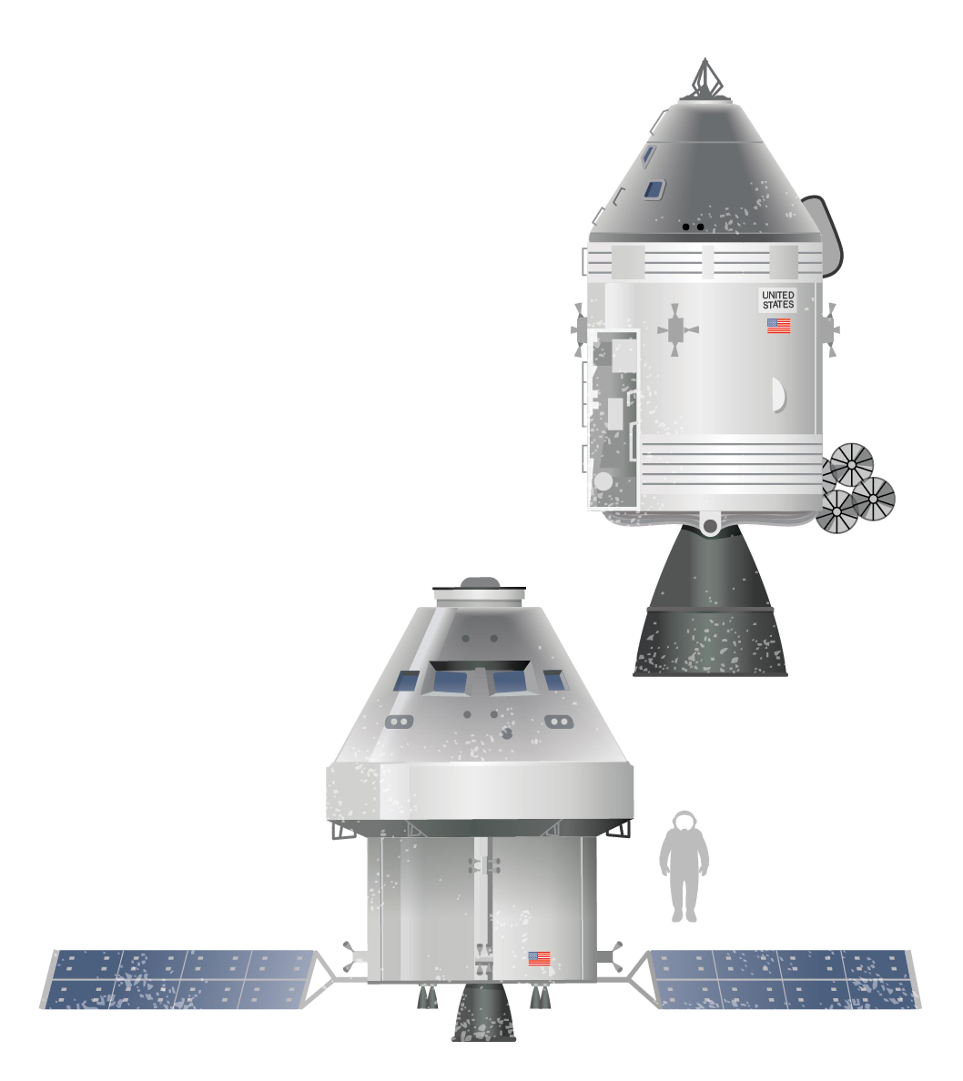 Top: The command module of the Apollo 11 mission that brought the first humans to the moon in 1969. Bottom: A model of NASA's current Orion orbiter, designed to return human astronauts to the moon in the early 2020's.