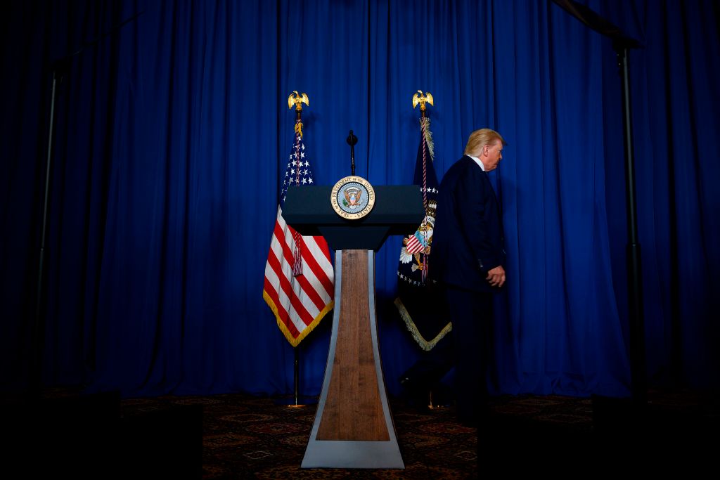 President Donald Trump leaves after making a statement on Iran