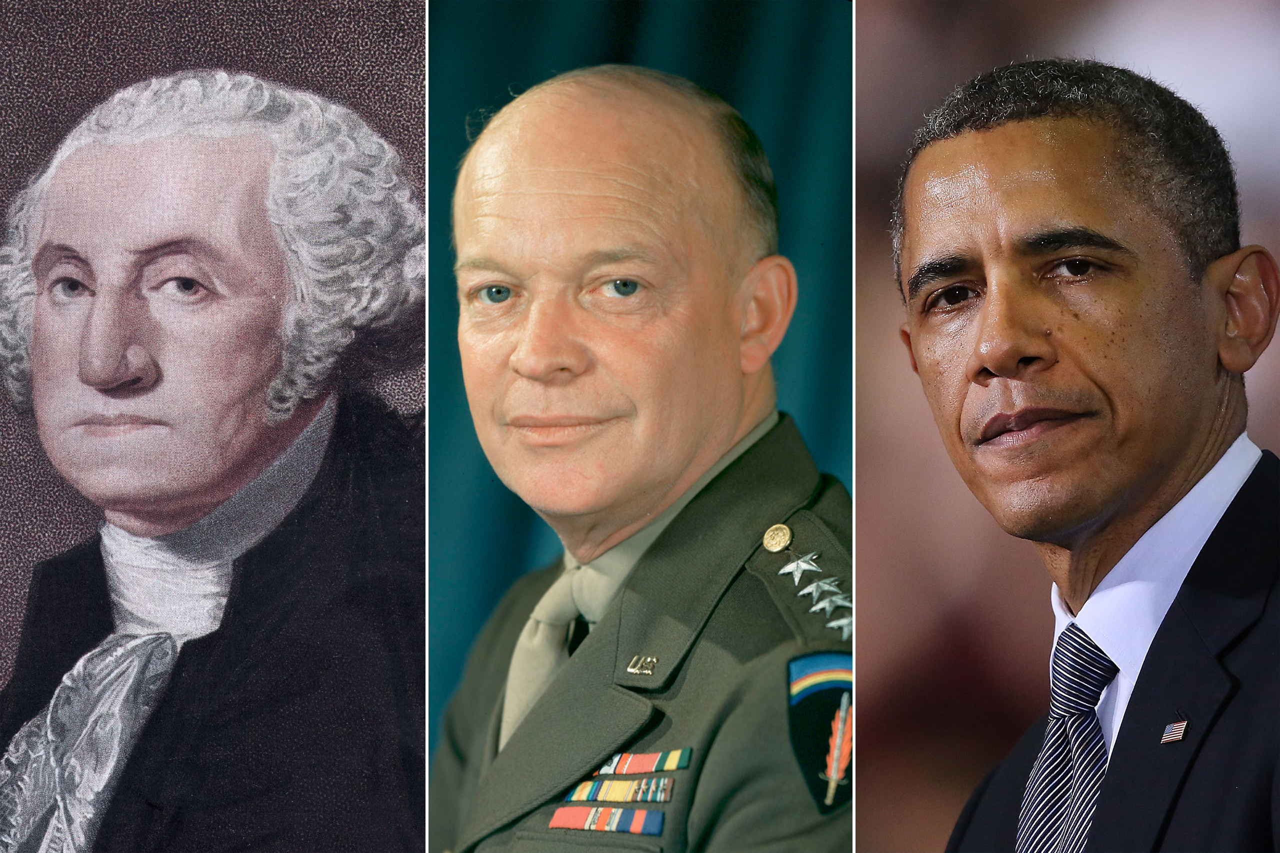 George Washington, Dwight Eisenhower, Barack Obama (left to right)