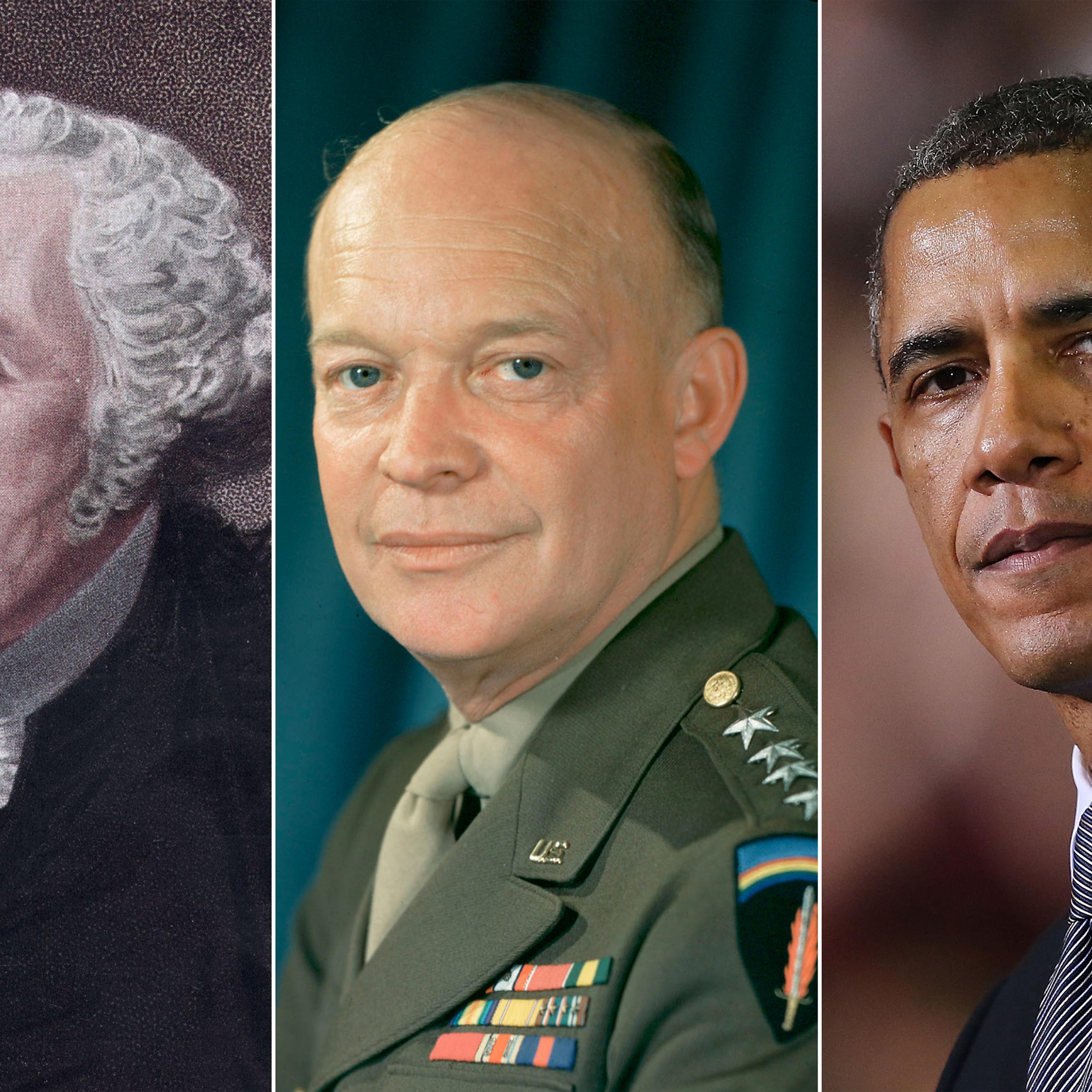 George Washington, Dwight Eisenhower, Barack Obama (left to right)