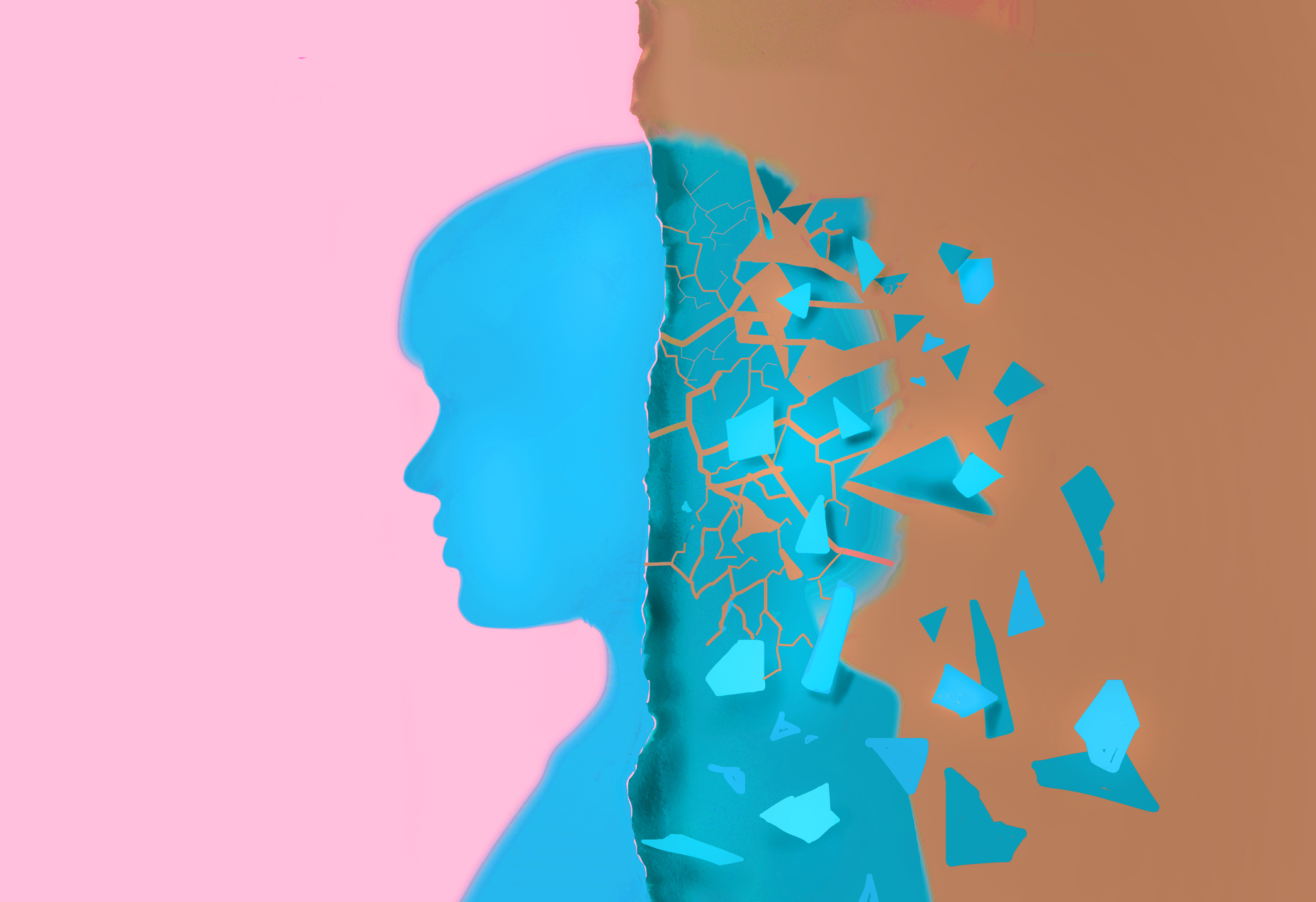 Illustration of silhouette of disintegrating woman