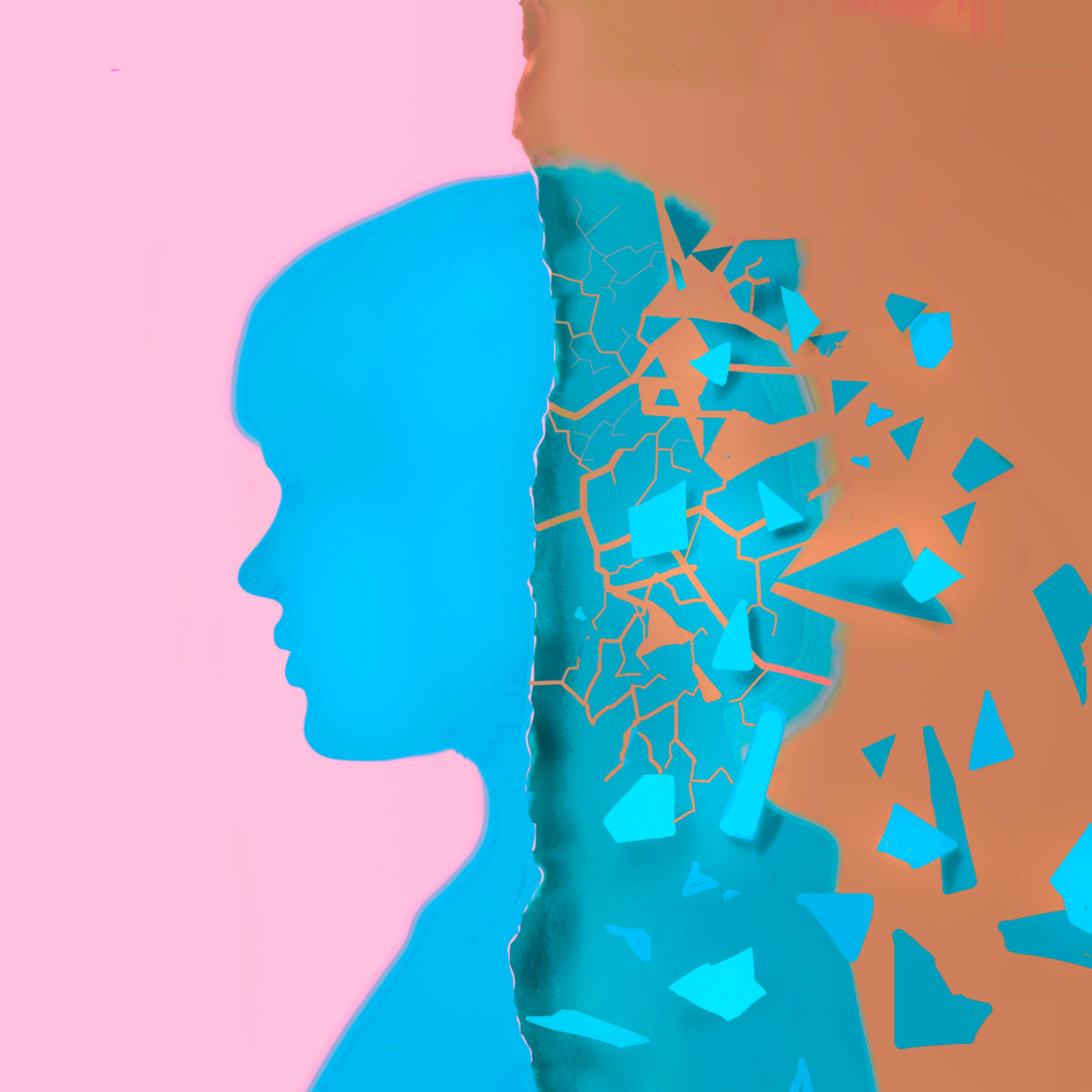 Illustration of silhouette of disintegrating woman