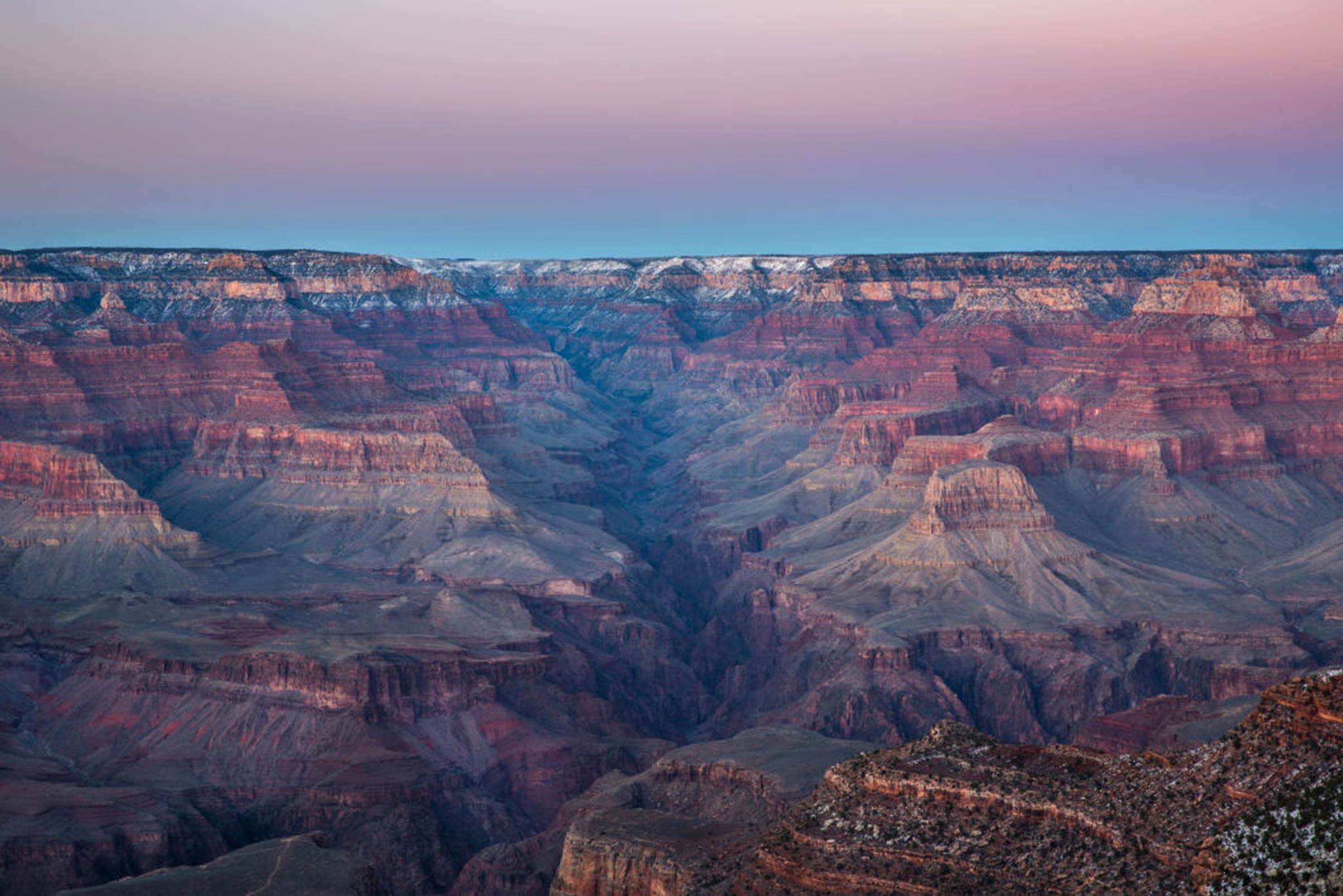 A view of the Grand Canyon just after sunset from the South Rim on Feb. 8, 2019, in Grand Canyon National Park in Arizona.