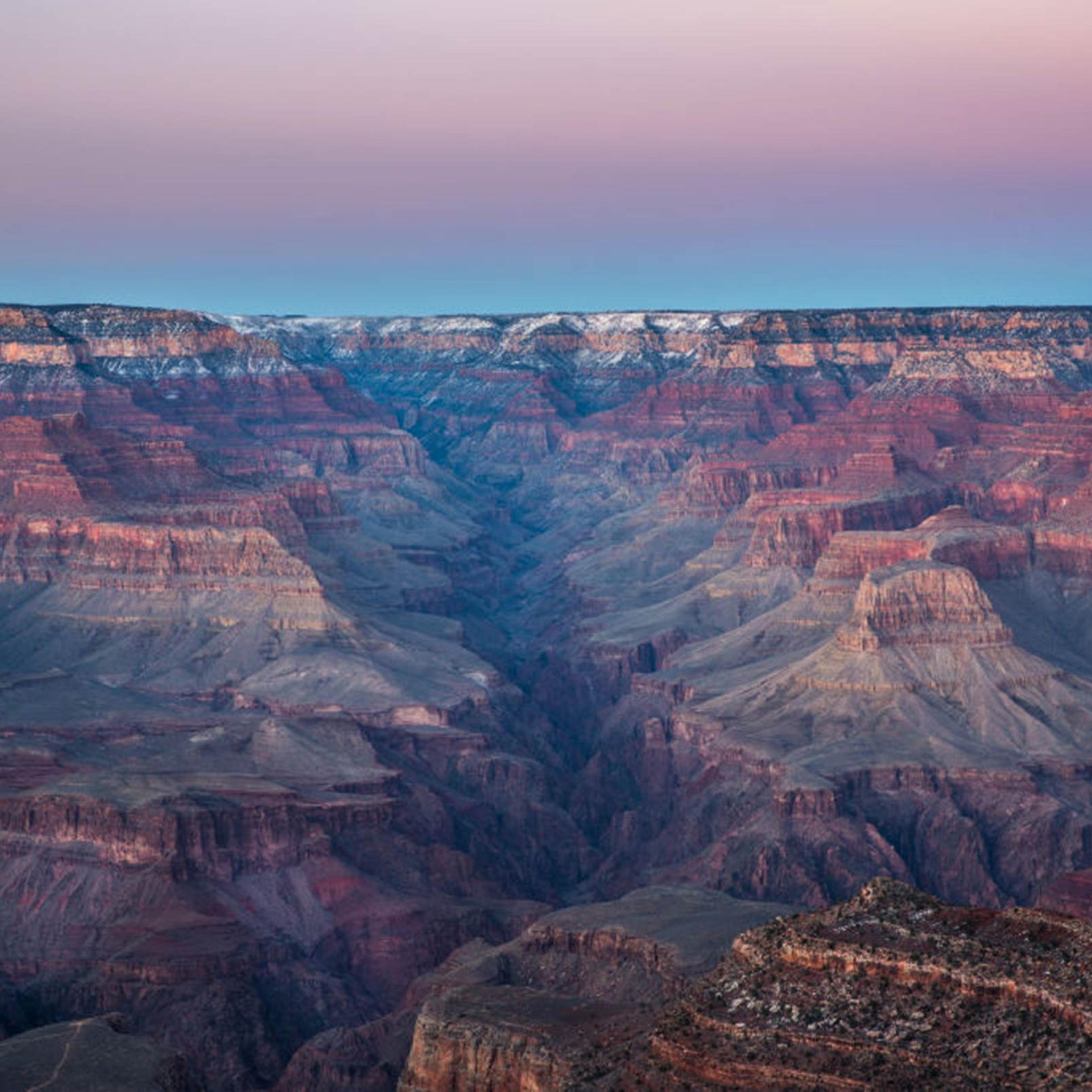 A view of the Grand Canyon just after sunset from the South Rim on Feb. 8, 2019, in Grand Canyon National Park in Arizona.