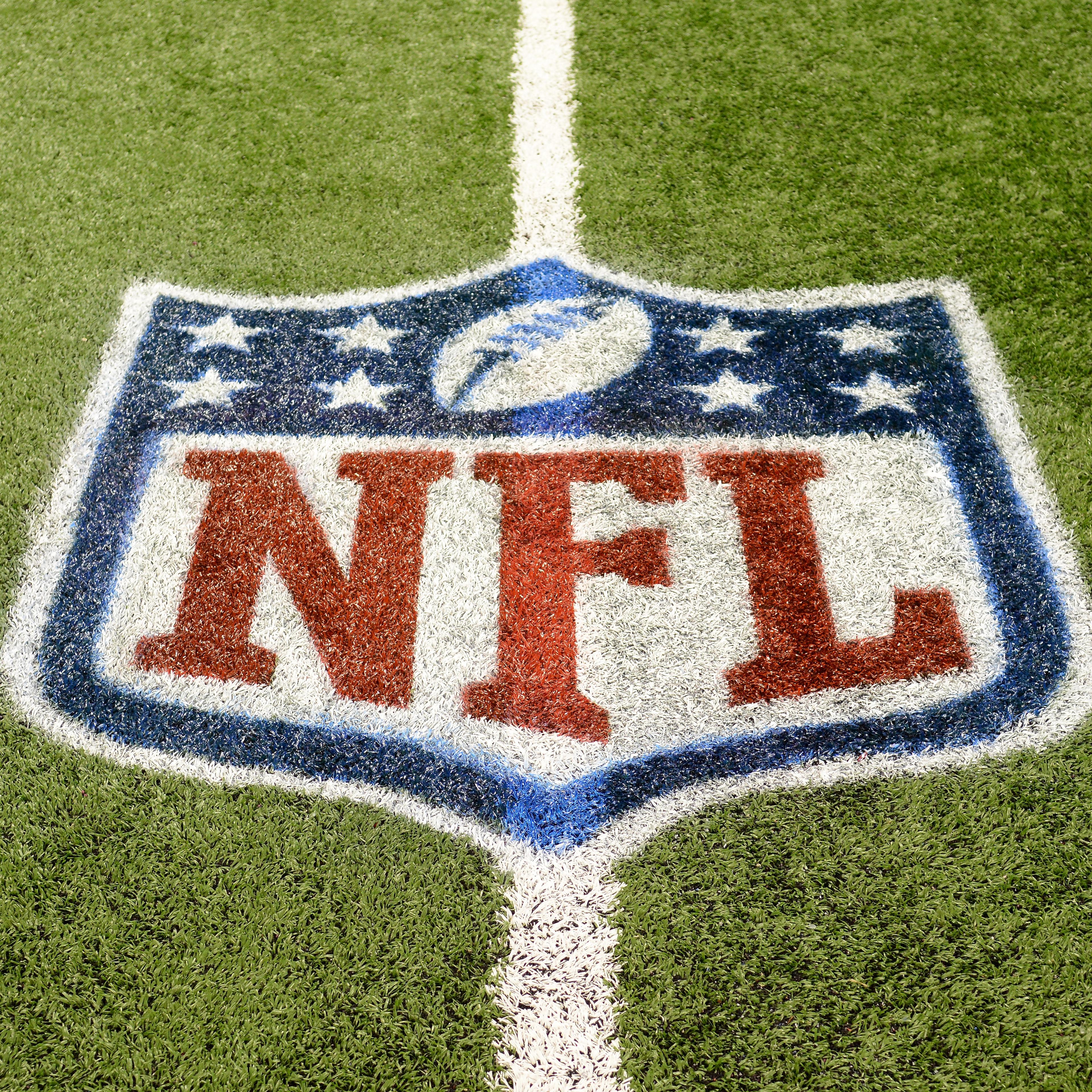 An NFL shield logo is painted on the field before the game between the Detroit Lions and the Tampa Bay Buccaneers in Detroit on Nov. 24, 2013.