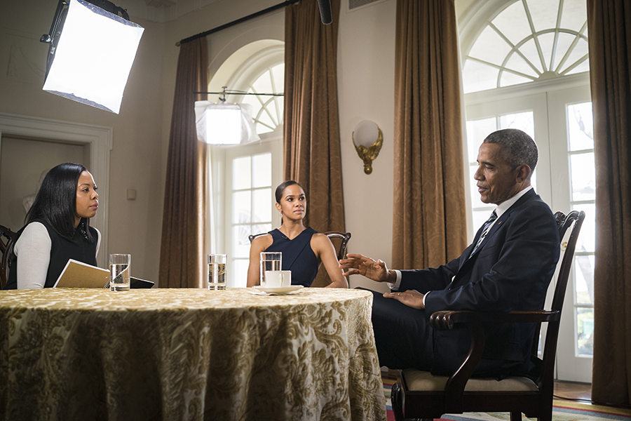 President Barack Obama and American Ballet Theater's principal dancer, Misty Copeland, talk with Time Magazine correspondent Maya Rhodan in the West Wing Cabinet Room of the White House. 20160229. Photos by Callie Shell.