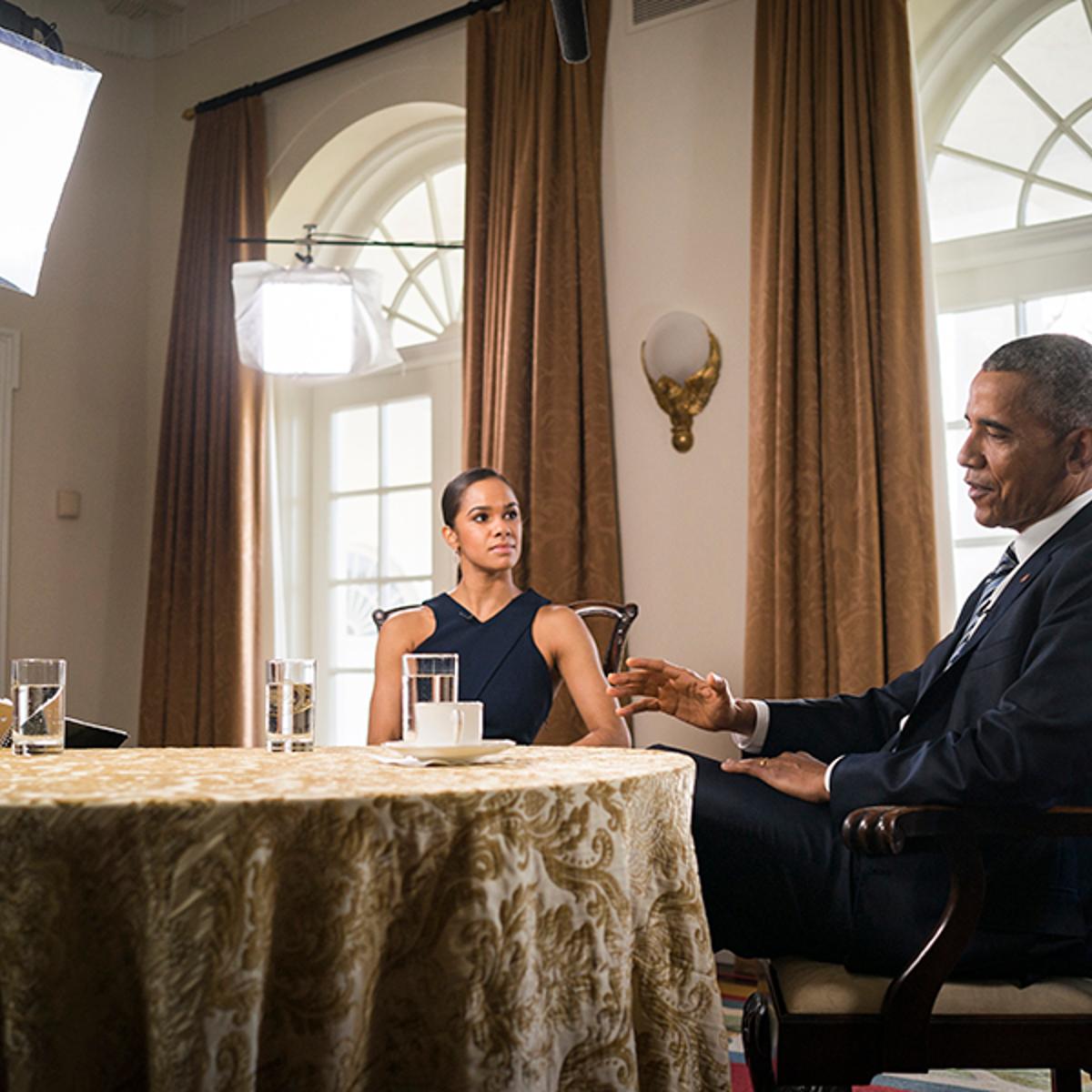 President Barack Obama and American Ballet Theater's principal dancer, Misty Copeland, talk with Time Magazine correspondent Maya Rhodan in the West Wing Cabinet Room of the White House. 20160229. Photos by Callie Shell.