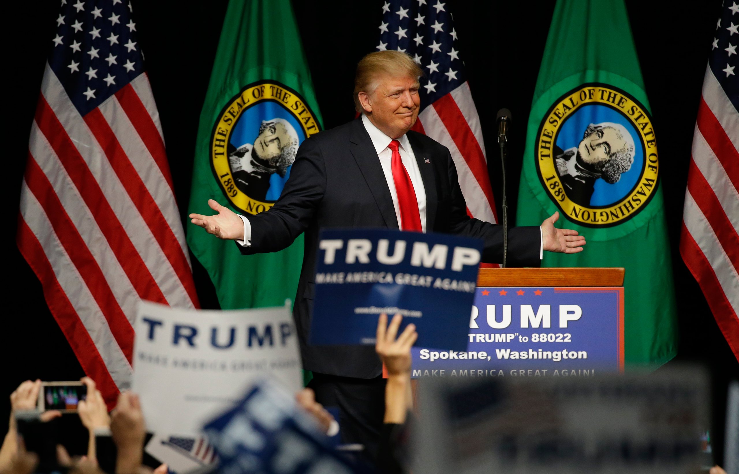 Republican presidential candidate Donald Trump speaks during a rally in Spokane, Wash., Saturday, May 7, 2016. (AP Photo/Ted S. Warren)
