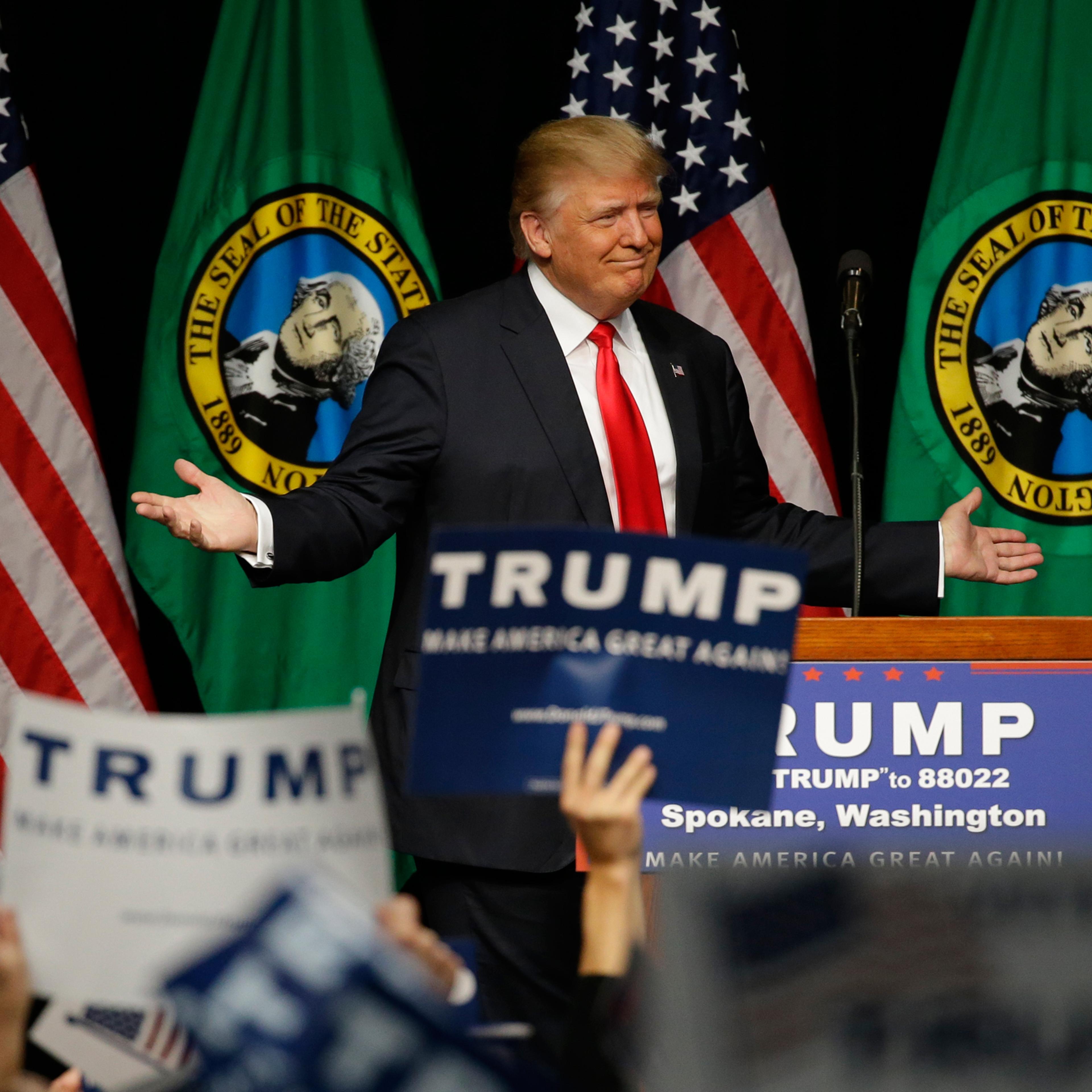 Republican presidential candidate Donald Trump speaks during a rally in Spokane, Wash., Saturday, May 7, 2016. (AP Photo/Ted S. Warren)