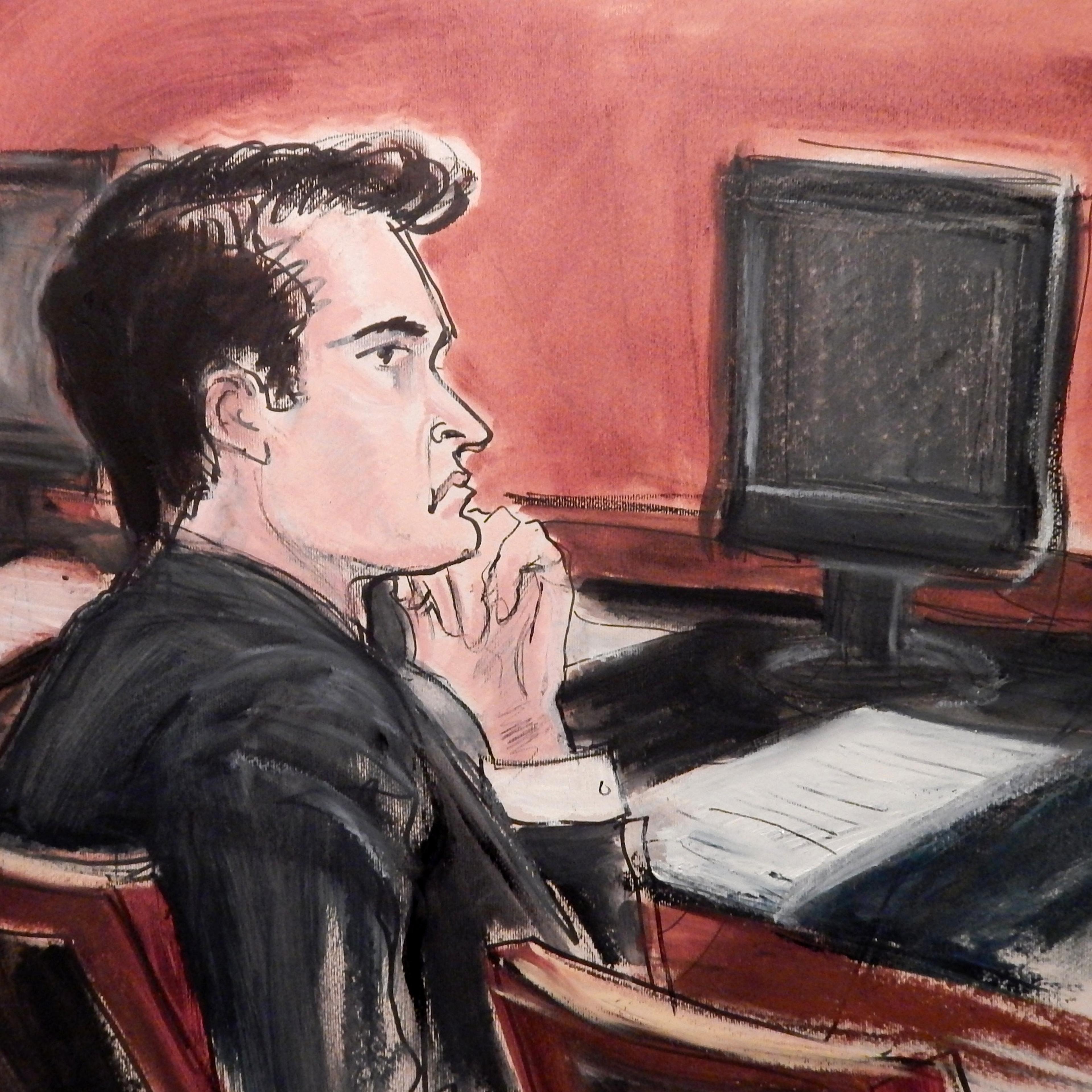 In this courtroom drawing, defendant Ross William Ulbricht listens to proceedings from the defense table during opening arguments in his criminal trial in New York on Jan. 13, 2015.