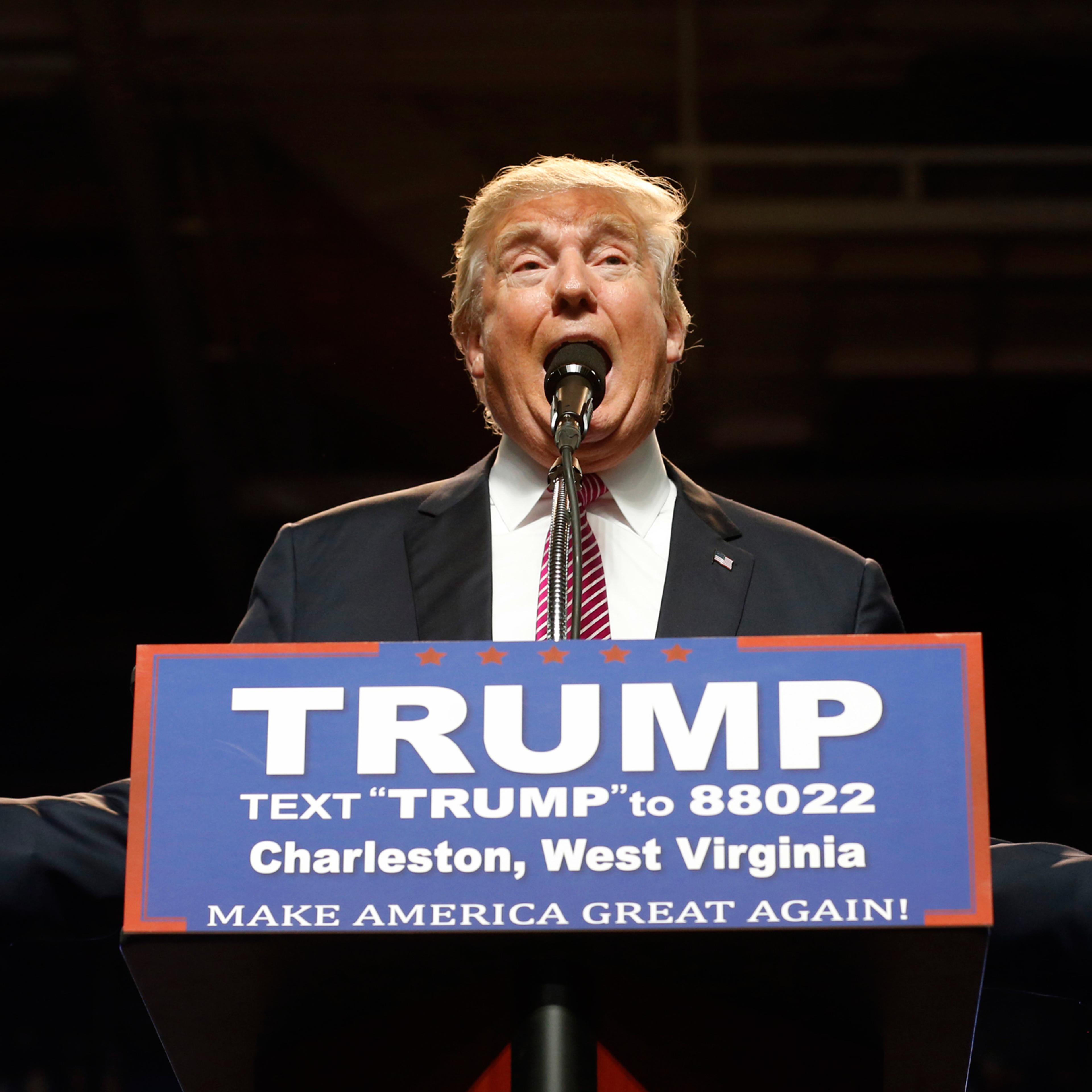 Republican presidential candidate Donald Trump gestures during a rally in Charleston, W.Va., Thursday, May 5, 2016. (AP Photo/Steve Helber)