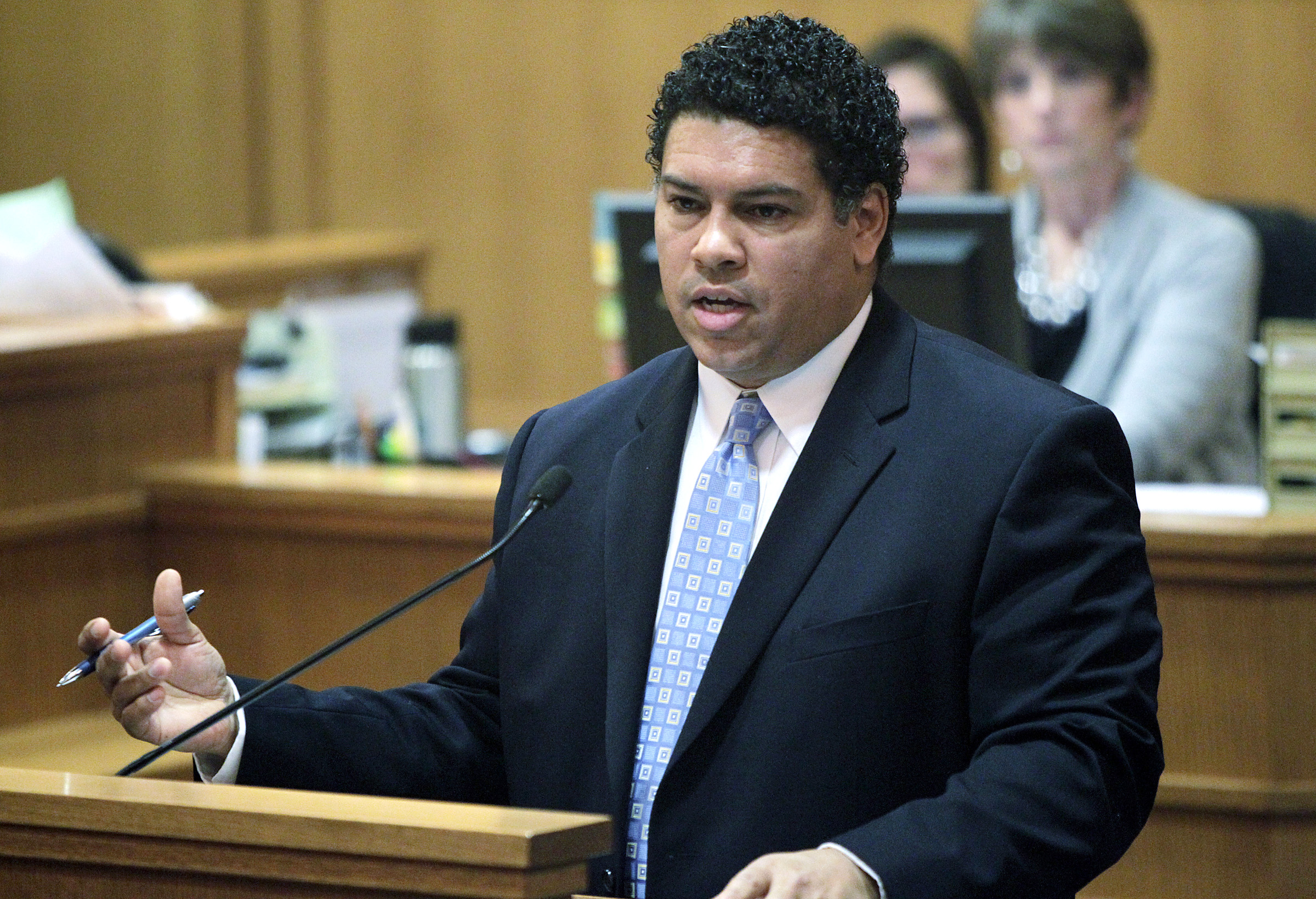 In this Feb. 26, 2013 file photo, Dane County, Wisconsin, District Attorney Ismael Ozanne speaks in a Madison, Wis., court. Ozanne is weighing whether to file charges against Madison Officer Matt Kenny in Tony Robinsons death.