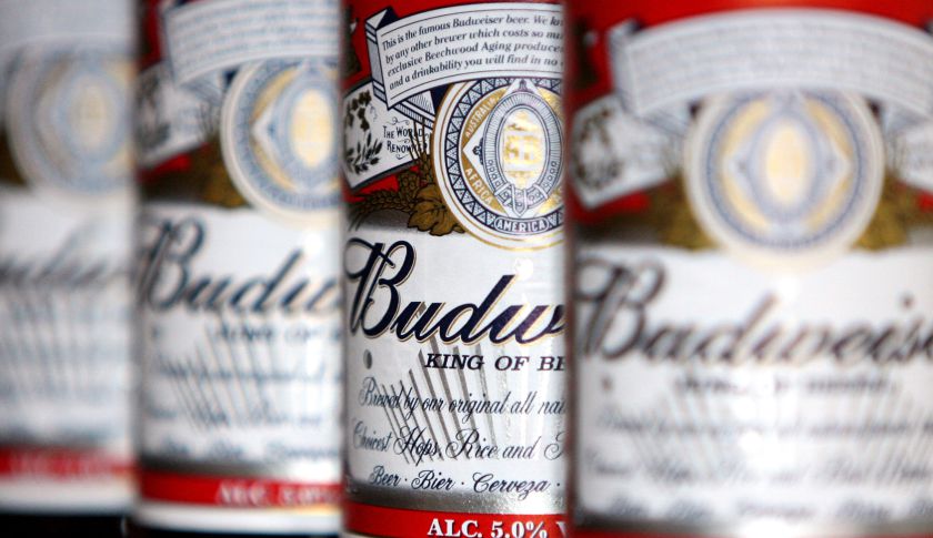 Bottles of Budweiser beer sit on display at a pub in Hornchu