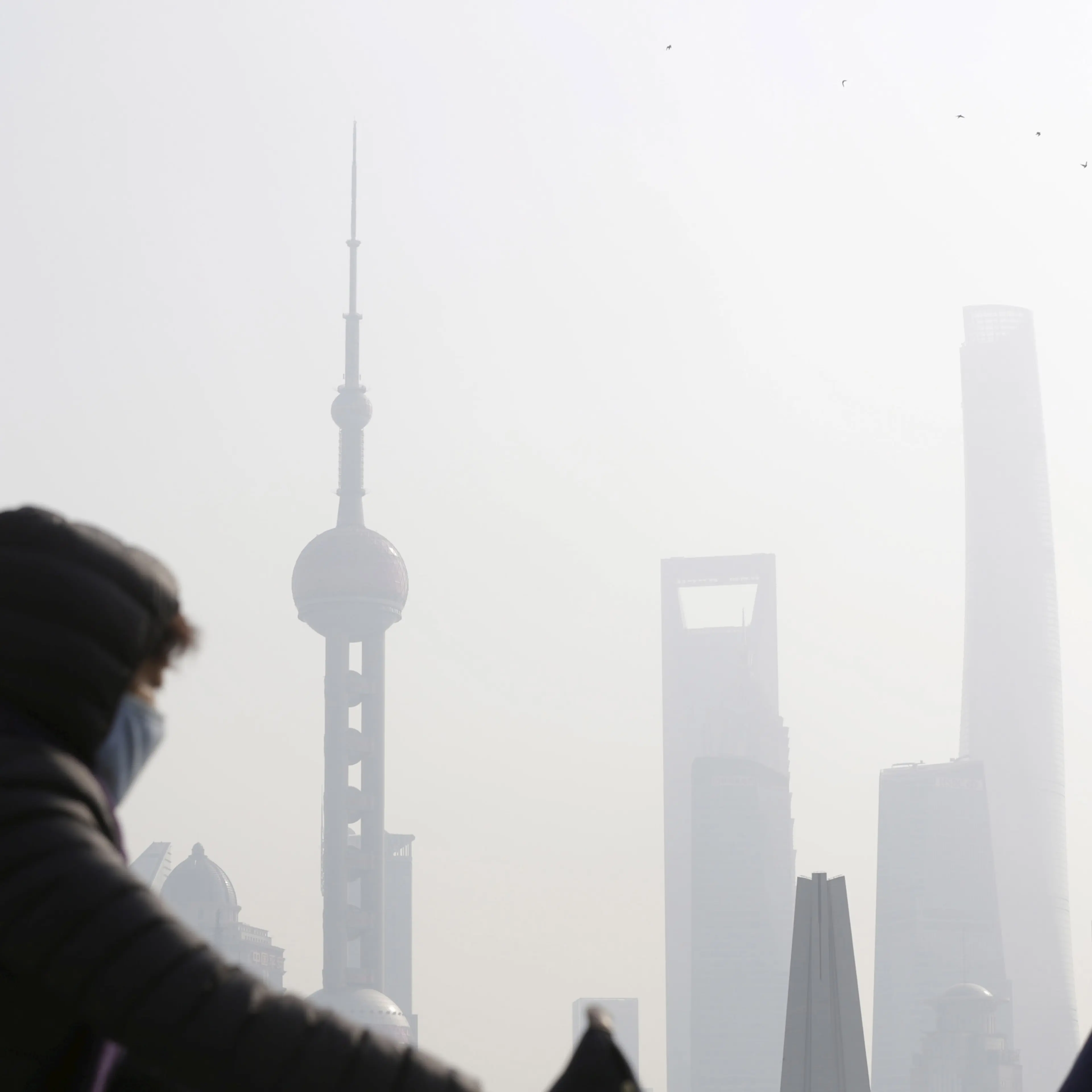 People wear protective masks near the Bund during a polluted day in Shanghai, China, January 19, 2016. Air pollution levels fell in most cities in China last year, environmental group Greenpeace said on Wednesday, but a humid and windless winter shrouded