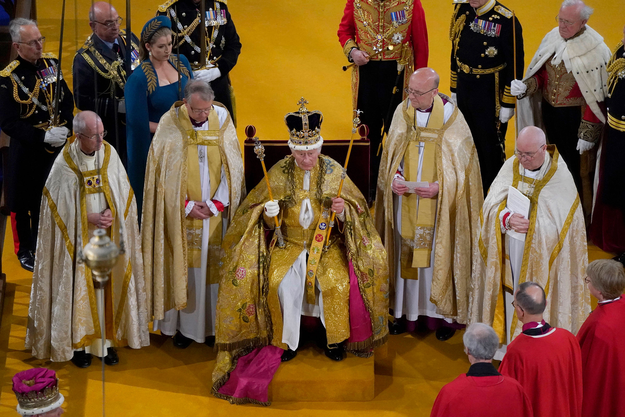 Britain's King Charles III receives The St Edward's Crown during his coronation ceremony at Westminster Abbey in London, May 6, 2023. 