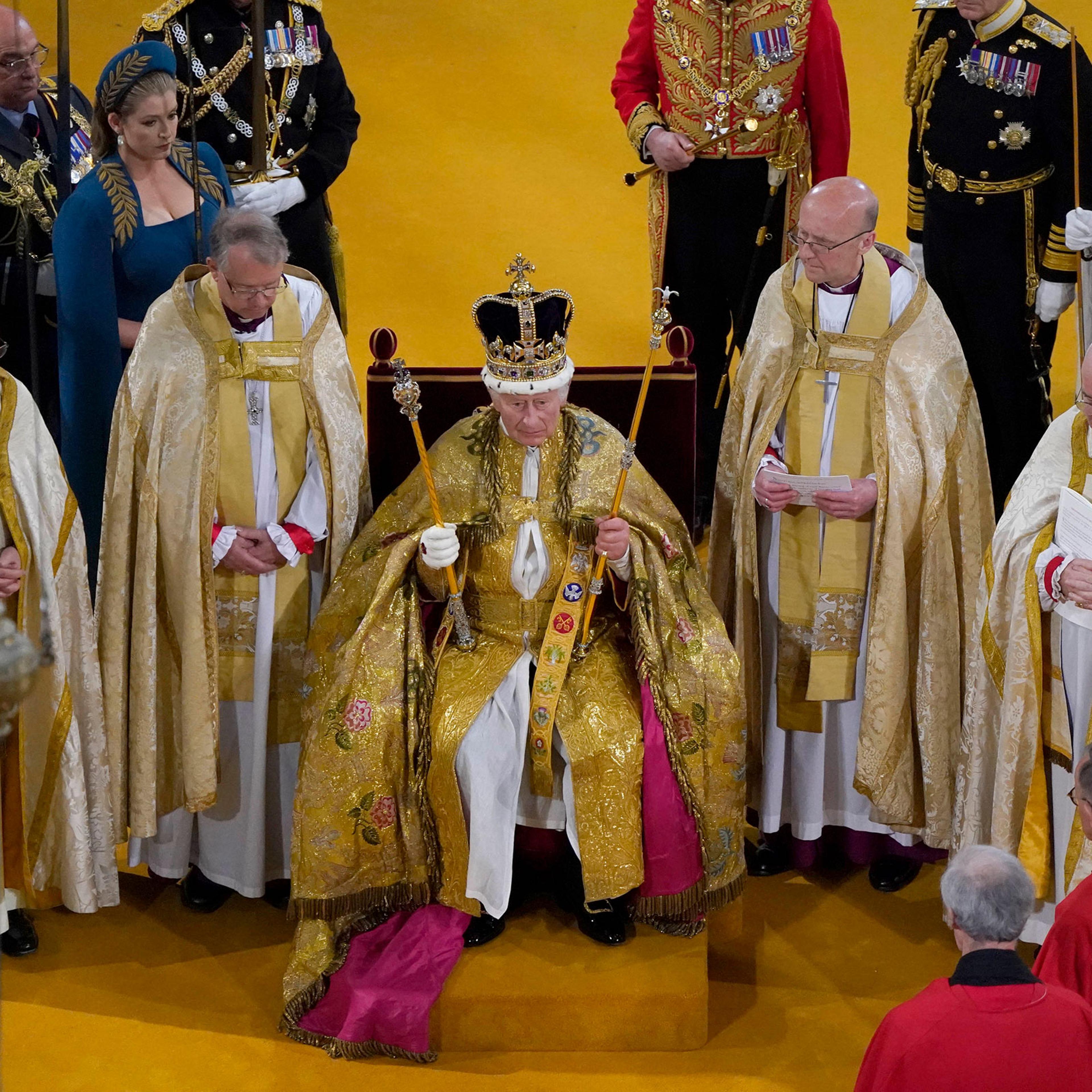 Britain's King Charles III receives The St Edward's Crown during his coronation ceremony at Westminster Abbey in London, May 6, 2023.