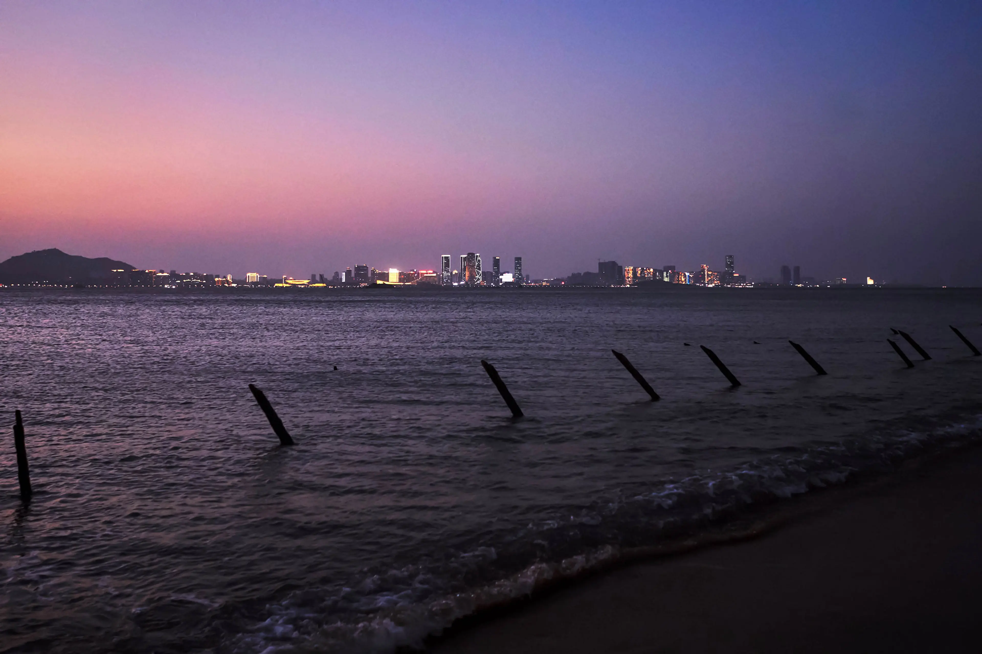 Anti-tank fortifications from previous conflicts line the shore along a beach in Lieyu, an outlying island of Kinmen that is the closest point between Taiwan and China on Feb. 4, 2021.