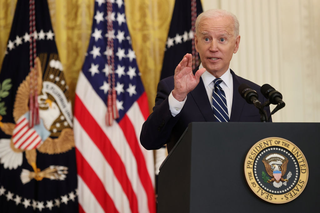 U.S. President Joe Biden answers questions during the first news conference of his presidency in the East Room of the White House on March 25, 2021 in Washington, DC.