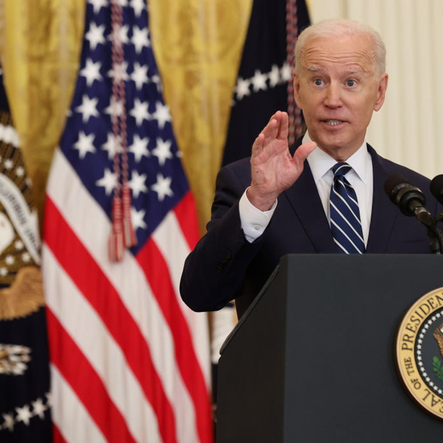 U.S. President Joe Biden answers questions during the first news conference of his presidency in the East Room of the White House on March 25, 2021 in Washington, DC.