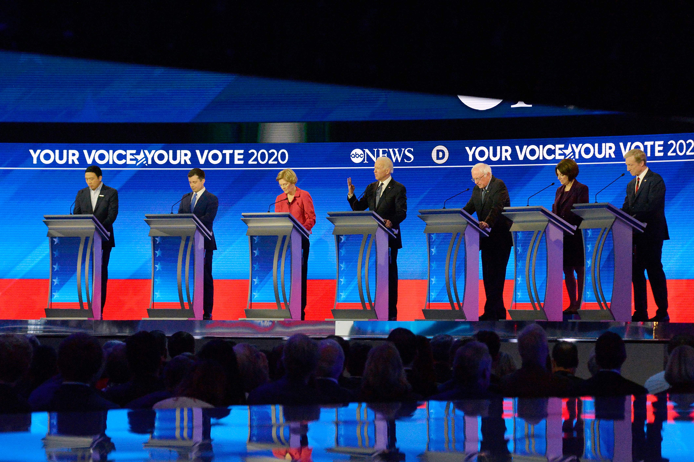 Democratic presidential hopefuls entrepreneur Andrew Yang, former Mayor of South Bend, Indiana, Pete Buttigieg, Massachusetts Senator Elizabeth Warren, former Vice President Joe Biden, Vermont Senator Bernie Sanders, Minnesota Senator Amy Klobuchar and B