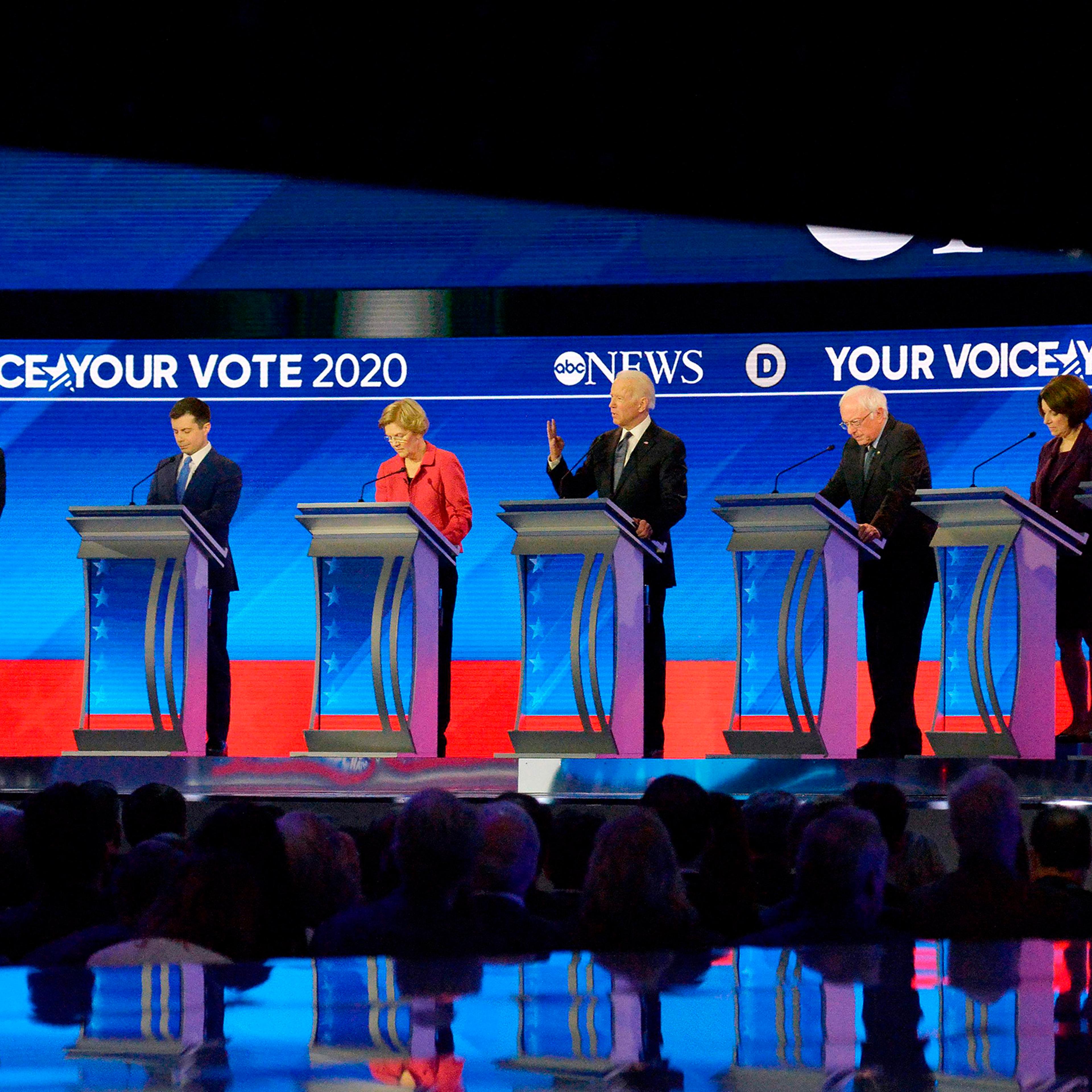 Democratic presidential hopefuls entrepreneur Andrew Yang, former Mayor of South Bend, Indiana, Pete Buttigieg, Massachusetts Senator Elizabeth Warren, former Vice President Joe Biden, Vermont Senator Bernie Sanders, Minnesota Senator Amy Klobuchar and B