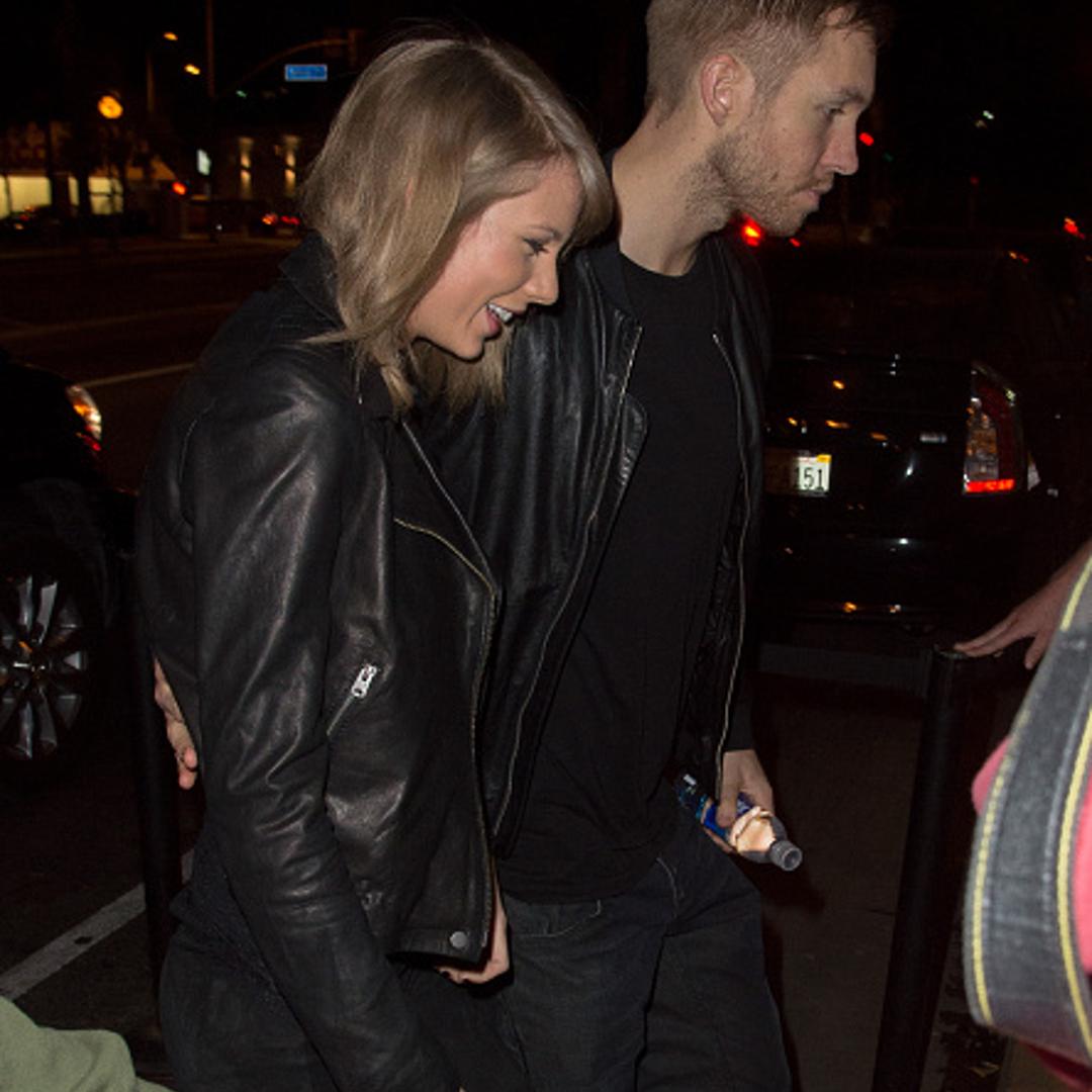 Taylor Swift and Calvin Harris arrive at a benefit concert on April 2, 2015 in Los Angeles.